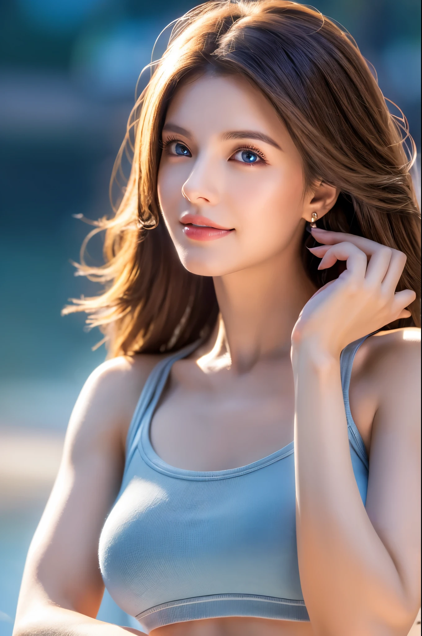 8K,Brown short hair,Pretty American woman,Super Beauty(Like the real thing),Colorful summer clothes,Shorts,Big smile,Lakeside,Perfect Anatomy,charm,Volume measurement,Body balance,Digital single-lens reflex camera, Soft lighting, Detailed Background, Written boundary depth, Volumetric lighting, Sharp focus, Absurd, Realistic proportions, Excellent anatomy, (Realistic, 超Realistic:1.4), 16K HDR, dawn,A High Resolution,super Realistic 肌,Super beautiful expression,Fantasy art,Character Art,Wind effects:1.9、Cloud Effect:1.2、Full Rendering、Professional quality high resolution、Perfect contrast、Perfect lighting、Perfect composition、Perfect Skin、Perfect Fingers、Perfect breasts、Perfect Hair、Perfect Face、Realistic facial features,super highest quality,Slim figure,Perfect body line,Perfect hand shape,Anatomical body balance,Highly detailed face,Highly detailed eyes,Beautiful Lips,Excellent light particles,Cinema Lighting,Makeup,Ultra-high resolution,Ultra-Realistic Skin,Dynamic pose,Blue Eyes,