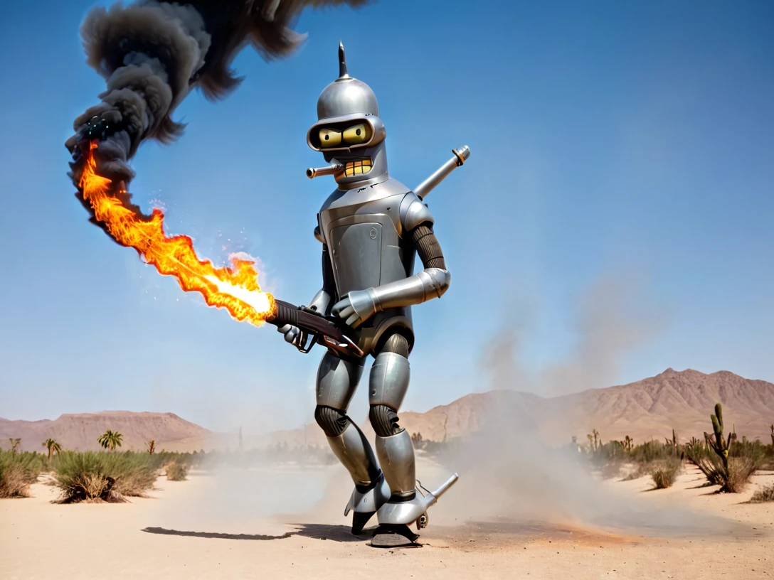 Bender holding Machine Gun walking in Desert on Fire