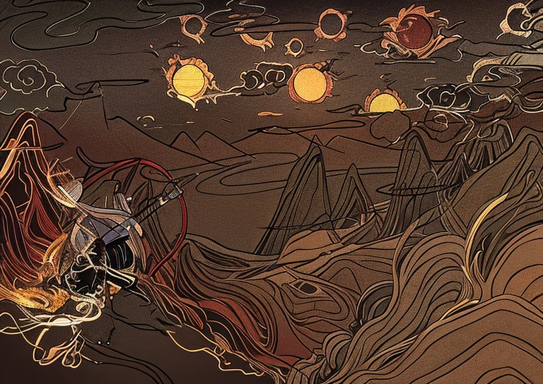 Man squatting and shooting the sun,Nine red suns,Distant Mountains,Yuanyun,Mountain and Fire