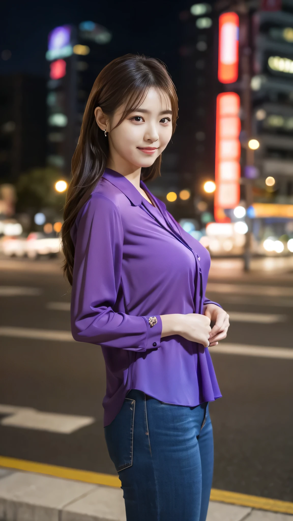 1 girl, (Wearing a purple blouse:1.2), Beautiful Japanese actresses,
(RAW Photos, highest quality), (Realistic, Photorealistic:1.4), masterpiece, 
Very delicate and beautiful, Very detailed, 2k wallpaper, wonderful, 
finely, Very detailed CG Unity 8K wallpaper, Very detailed, High resolution, 
Soft Light, Beautiful detailed girl, Very detailed目と顔, Beautiful and detailed nose, Beautiful and detailed, Cinema Lighting, 
break,
(Night cityscape background 1.3), City lights, 
Perfect Anatomy, Slender body, smile, Face the front completely, Looking at the camera, Full Body Shot, Accentuate larger breasts,