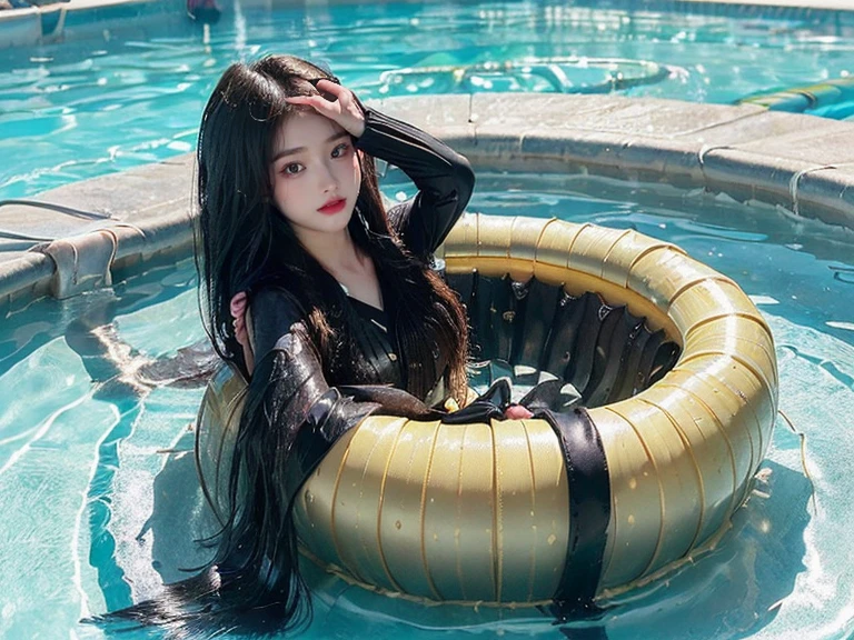 (((A beautiful girl with a golden ratio face who rides a large floating ring in the pool while wearing her school uniform)))、(((wet 、wet super long hair、Wet hair、pleated skirt、Black pantyhose)))、smile、( absurdly,high quality , Super detailed)、(See photographer )、(((cute pose)))