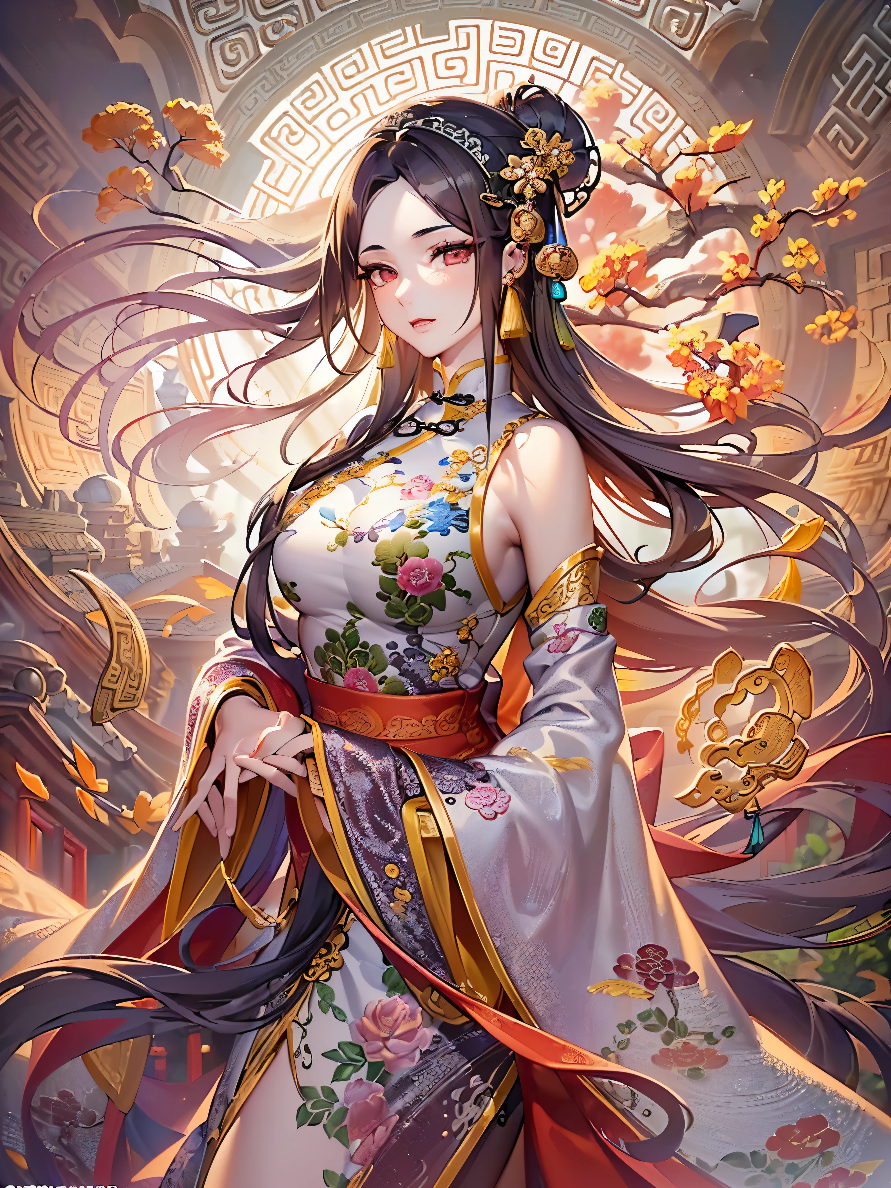 ((highest quality)),(Ultra-high resolution),(Very detailed),(Detailed Description),((The best CG)),(A masterpiece),Ultra-precise art,amazing drawing art,(Chinese fantasy art with intricate details:1.5), (woman:1.6),(Beautiful and well-proportioned face:1.5), (A Chinese dress with intricately detailed and intricate patterns:1.7),(Tai Chi diagram:1.6),Intertwining fire and water:1.6