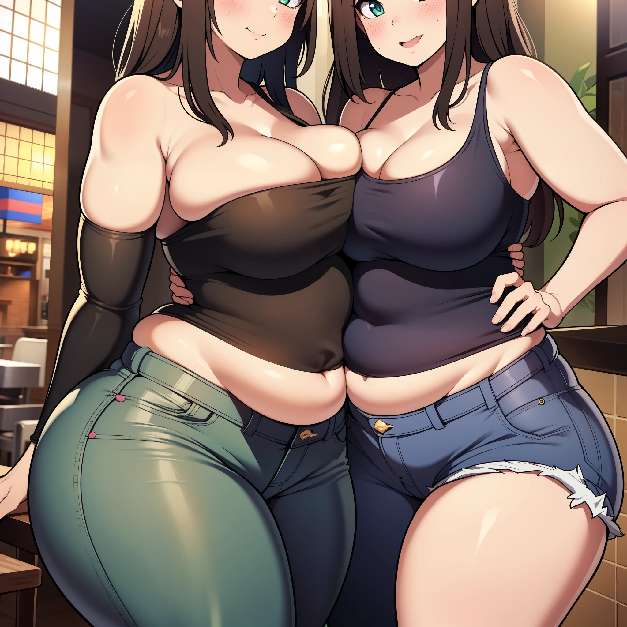 ((highres)), Masterpiece, high quality, best quality, beautiful, perfect lighting, detailed face, ultra cute face, ((2girls)), sexually suggestive, seductive smile, blush, one girl has blonde hair, blue eyes, crop top and shorts, one girl has brown hair, green eyes, jeans, white shirt, fast food restaurant, cleavage, medium breasts, ((wide hips)), ((thick thighs)), (fat ass), ((plump)), chubby belly, belly grab, fat folds, standing next to each other,