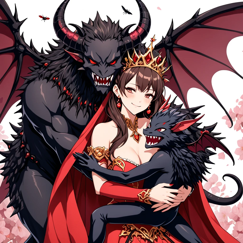 ((highest quality)), ((masterpiece)), (detailed), (Perfect Face)、(The woman is Katsuragi Marina, a completely deformed purple fly demon with medium-long brown hair and a decorative engagement ring on her arm.2She is carried in a princess carry by Beelzebub, the great demon lord of flies, who has a book, four thin fly arms, and a very long tongue, and is held tightly, and with Beelzebub in the form of a strange fly demon lord, they open their mouths and stick their tongues out to each other, kissing, and their tongues entangled in each other's mouths, making her feel loved by Beelzebub.)、She becomes the wife of the Demon King of the strange flies, and with a smile, she becomes a demon of the same strange fly form as the Demon King, with fly antennae and transparent skin just like the Demon King.4The body of the fly is purple with black borders.々The woman is wearing a cute devil dress, a fly-themed tiara, fly earrings and other accessories all with a fly motif, and is carried in a princess carry by Beelzebub, the Demon King of the Flies. She smiles happily and embraces and kisses the strange-looking Demon King of the Flies, Beelzebub. She is loved and favored by Beelzebub, the Demon King of the Flies.、The man is Beelzebub, the grotesque demon king of flies, and caresses the woman while lifting her up in a princess carry, embracing her and rubbing her cheeks with him, kissing her greedily with his tongue while still in his grotesque demon king form.、(The demon king is the strange looking demon king Beelzebub.2He has one book arm and four thin fly arms, and with those six arms he holds the woman tightly in a princess carry, and in the form of a demon king he is kissing the woman deeply and intimately.)