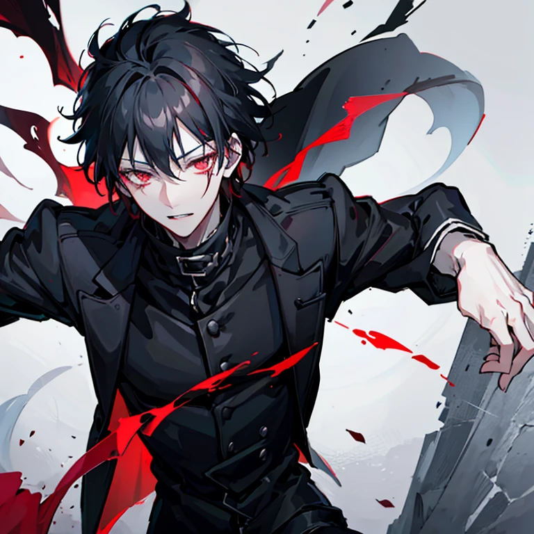 Male with black hair and blood red eyes. Pale skin and a handsome face. He's wearing a black jacket 