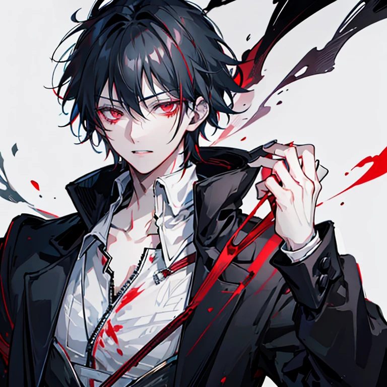 Male with black hair and blood red eyes. Pale skin and a handsome face. He's wearing a black jacket 