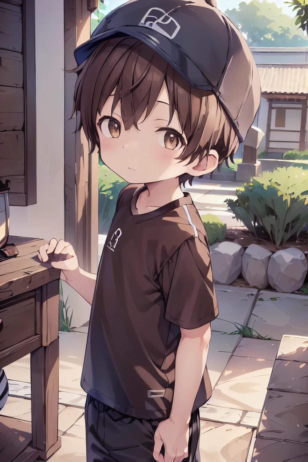 1boy, aoi, brown hair, masterpiece, ultra detail, male focus, soccer shirt, brown baseball cap, brown eyes
 