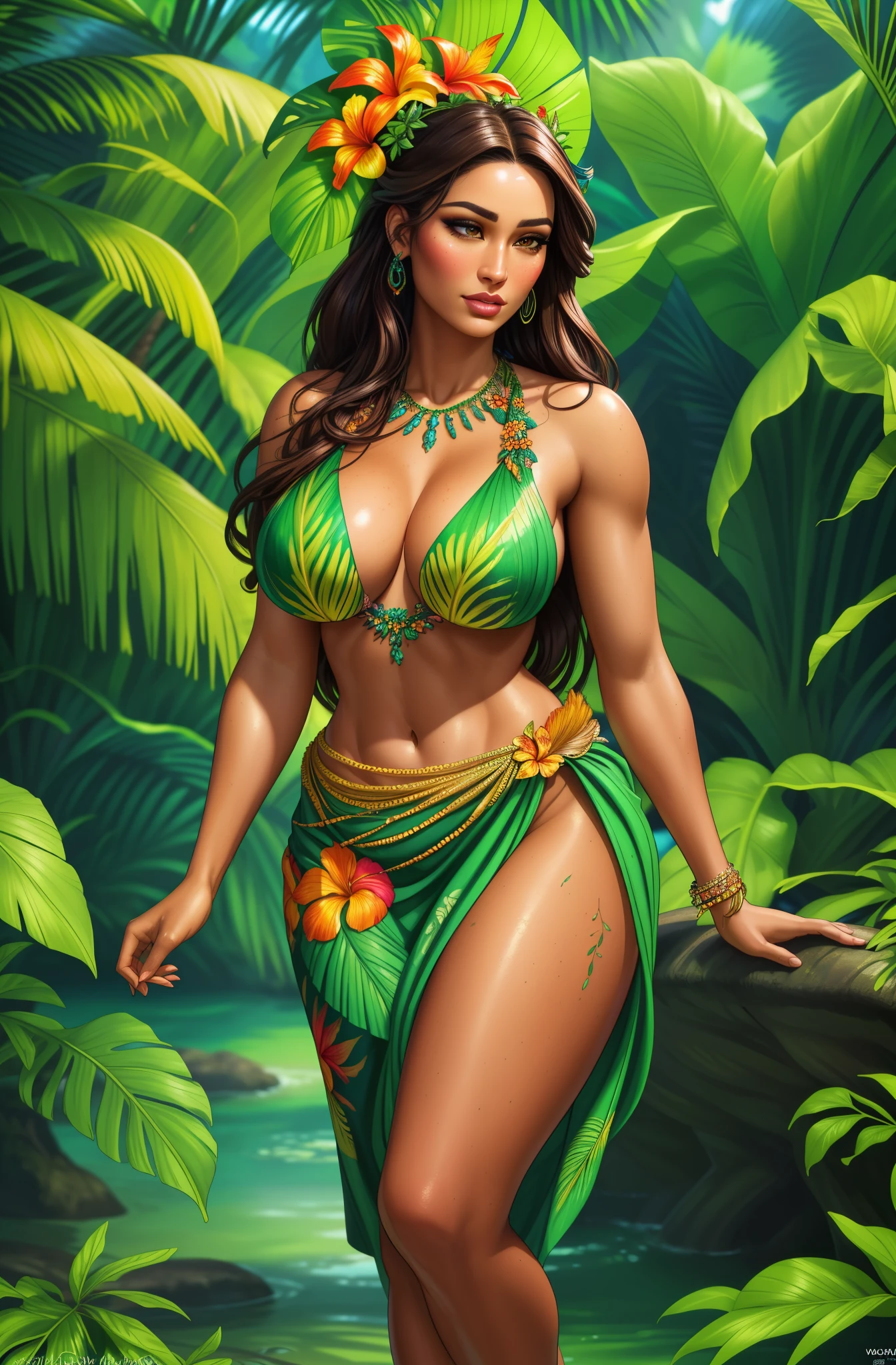 a beautiful young Hawaiian woman with flowing dark hair, wearing a colorful garland of tropical flowers, a grass skirt, and barefoot, (best quality,4k,8k,highres,masterpiece:1.2),ultra-detailed,(realistic,photorealistic,photo-realistic:1.37),intricate floral details,extremely detailed face and skin,beautiful detailed eyes,beautiful detailed lips,extremely detailed eyes and face,longeyelashes,serene expression,natural lighting,lush green foliage,tropical paradise,vibrant colors,soft lighting,dreamy,ethereal,elegant
