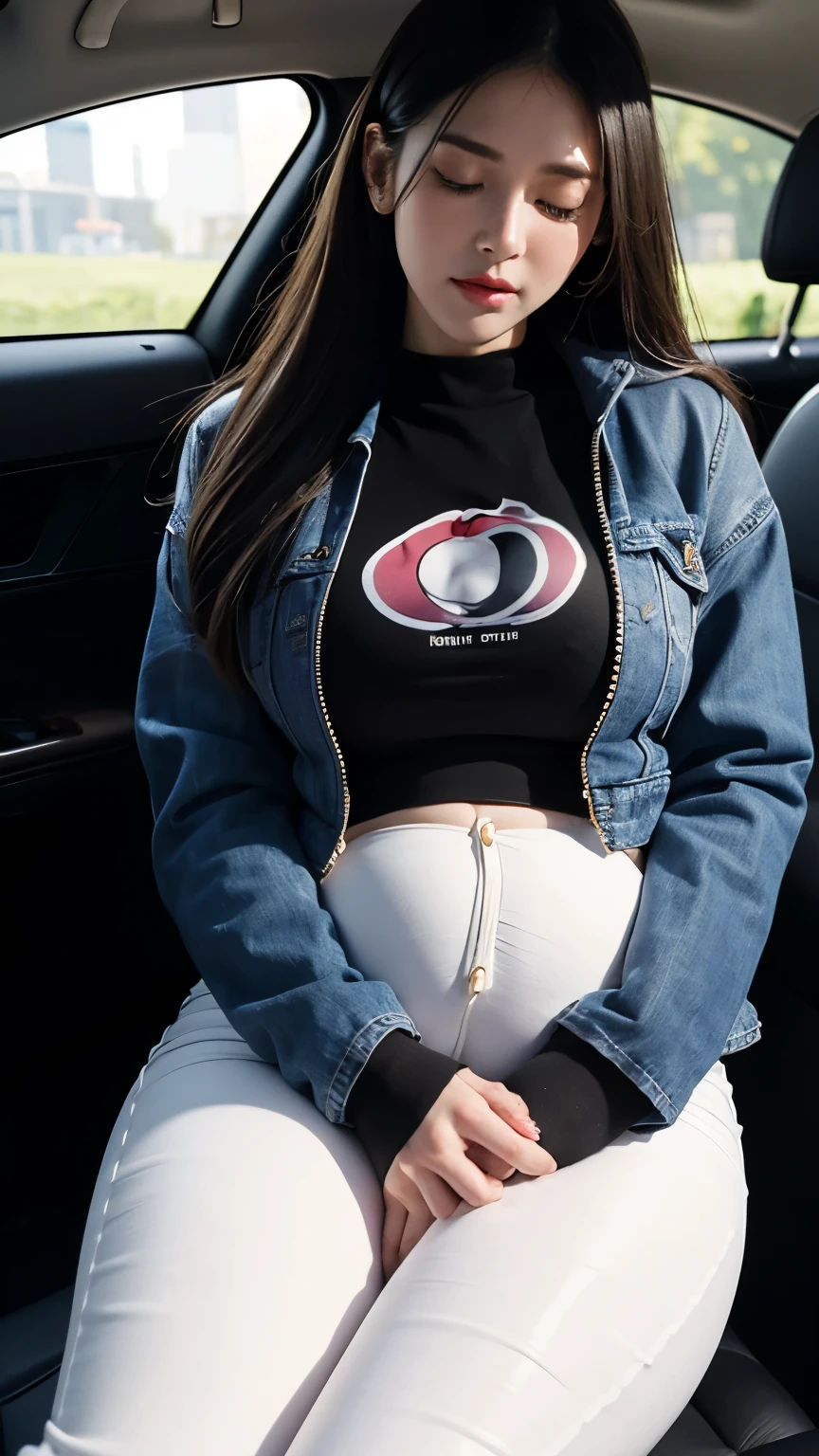 (photorealistic),(masterpiece),(ultra-detailed),a very pretty and sexy 20 year old girl holding more than liters of pee, sitting in a car seat ,wearing crop bubble jacket and tight black jeans, hands jammed between thighs, legs crossed tightly, lower abdomen part of the tight black jeans bulging from full bladder as big sphere as if she was fully nine months pregnant with ten kids but smooth rounded ,enduring extreme urge to pee,eyes slightly closed,pee about to come out,sweating,wearing skin tight black jeans,pee about to burst out