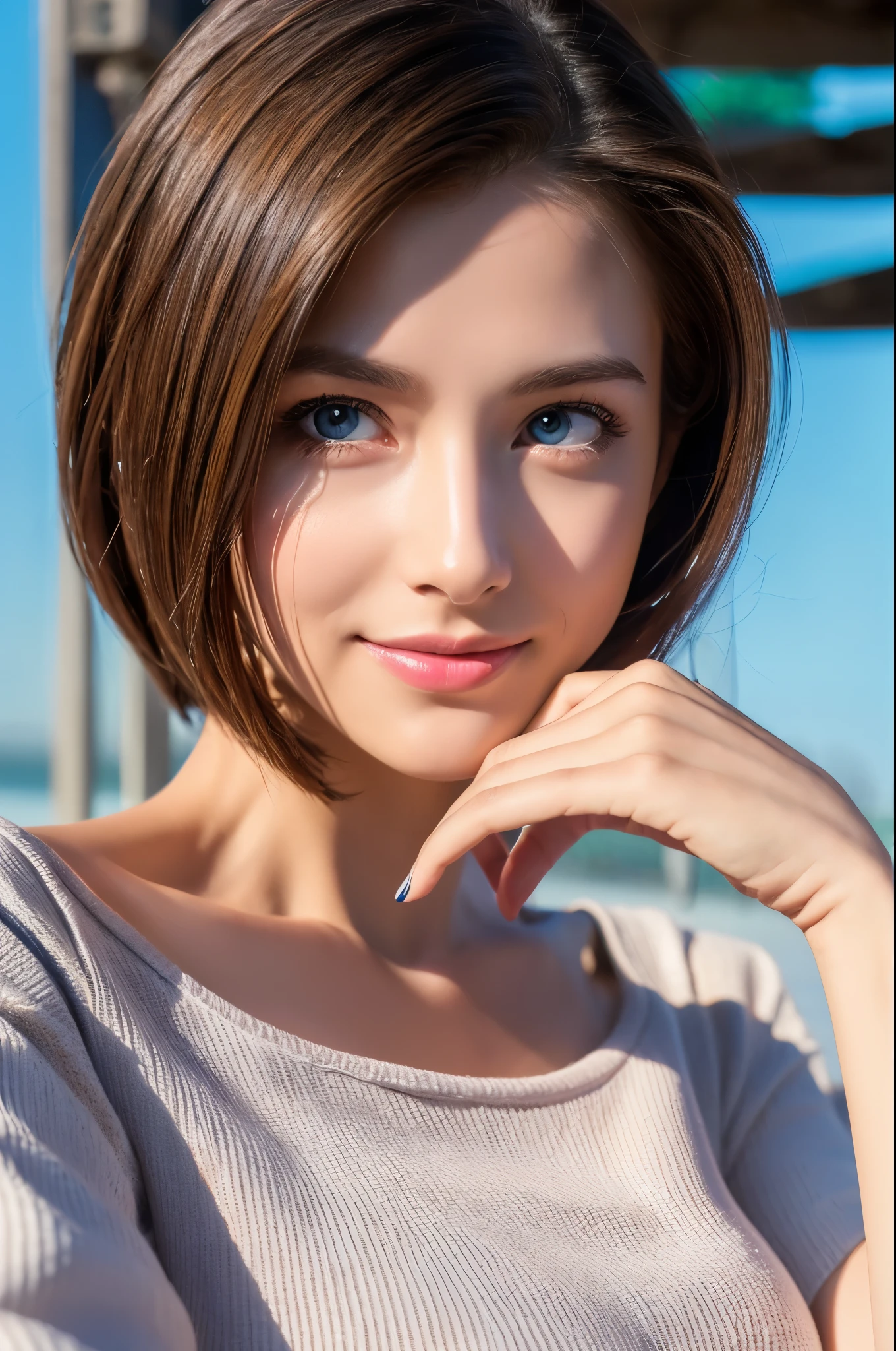 8K,Brown short hair,Pretty black American woman,Super Beauty(Like the real thing),Colorful summer clothes,Shorts,Big smile,Lakeside,Perfect Anatomy,charm,Volume measurement,Body balance,Digital single-lens reflex camera, Soft lighting, Detailed Background, Written boundary depth, Volumetric lighting, Sharp focus, Absurd, Realistic proportions, Excellent anatomy, (Realistic, 超Realistic:1.4), 16K HDR, dawn,A High Resolution,super Realistic 肌,Super beautiful expression,Fantasy art,Character Art,Wind effects:1.9、Cloud Effect:1.2、Full Rendering、Professional quality high resolution、Perfect contrast、Perfect lighting、Perfect composition、Perfect Skin、Perfect Fingers、Perfect breasts、Perfect Hair、Perfect Face、Realistic facial features,super highest quality,Slim figure,Perfect body line,Perfect hand shape,Anatomical body balance,Highly detailed face,Highly detailed eyes,Beautiful Lips,Excellent light particles,Cinema Lighting,Makeup,Ultra-high resolution,Ultra-Realistic Skin,Dynamic pose,Blue Eyes,Beautiful woman at the blackboard,