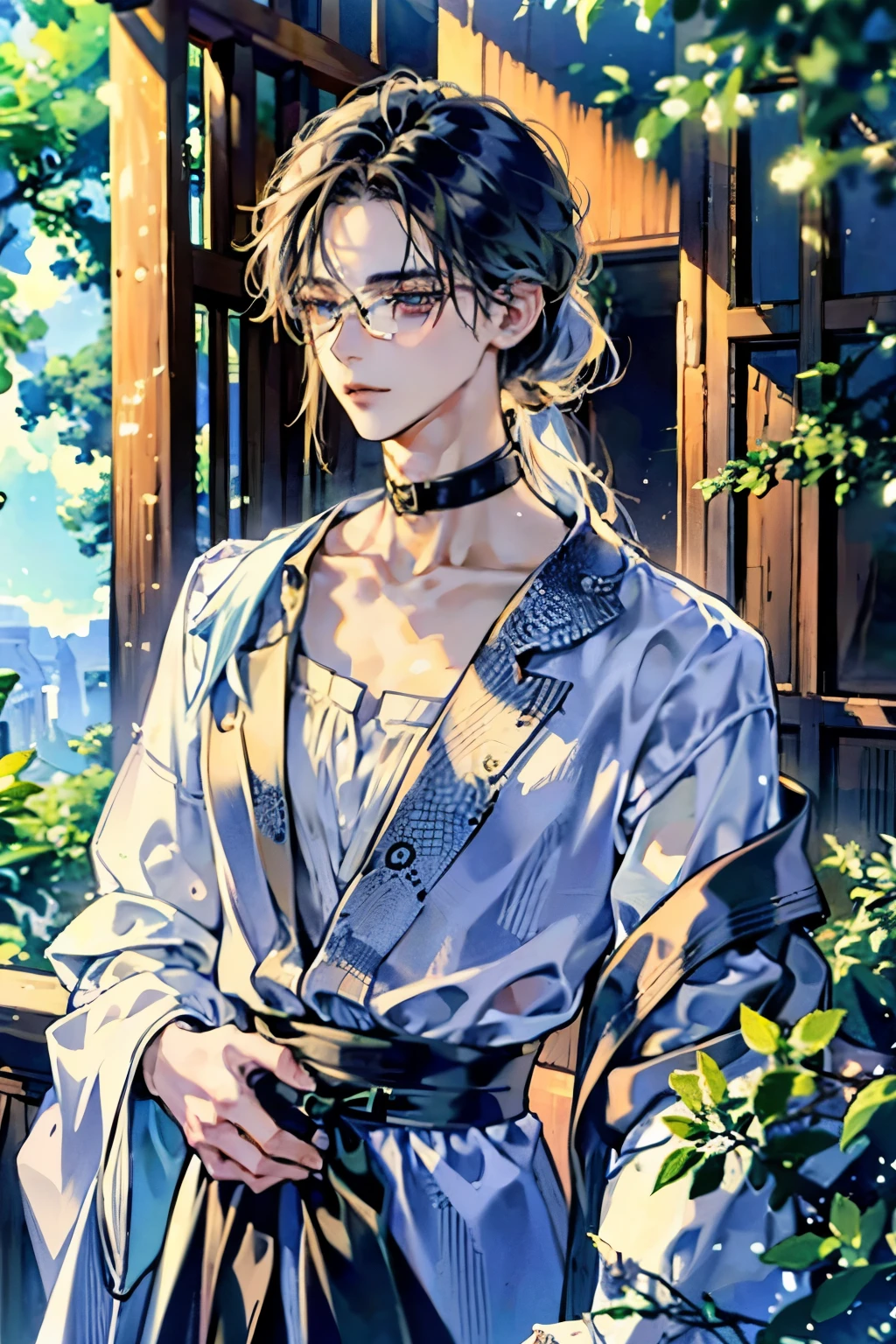 masterpiece, best quality, best quality, masterpiece, High resolution, focus, Anime style, Exquisite facial features，A young man with a height of 170cm，Looks more like a woman。Slender and tall。Very thin waist，Prominent clavicle。Long straight black hair like satin，up to the waist。Often tied into a low ponytail hanging on one shoulder，Black pupil，The eyes are bright and alert，Wearing gold-rimmed glasses，Gentle and gentle appearance，Skin is fair and rosy。穿着Suit白衬衫、long windbreaker、Trousers，Work clothes。Exposes the delicate collarbone。Gentle expression。front。Natural light。Eyes looking ahead。Smile at the corners of your mouth。穿着西服白衬衫和long windbreaker，Thin stature。Gentle eyes。Slender neck。Exposes the delicate collarbone。V-neck。Suit。long windbreakerSuit。工作Suit。Don&#39;t wear anything around your neck。
