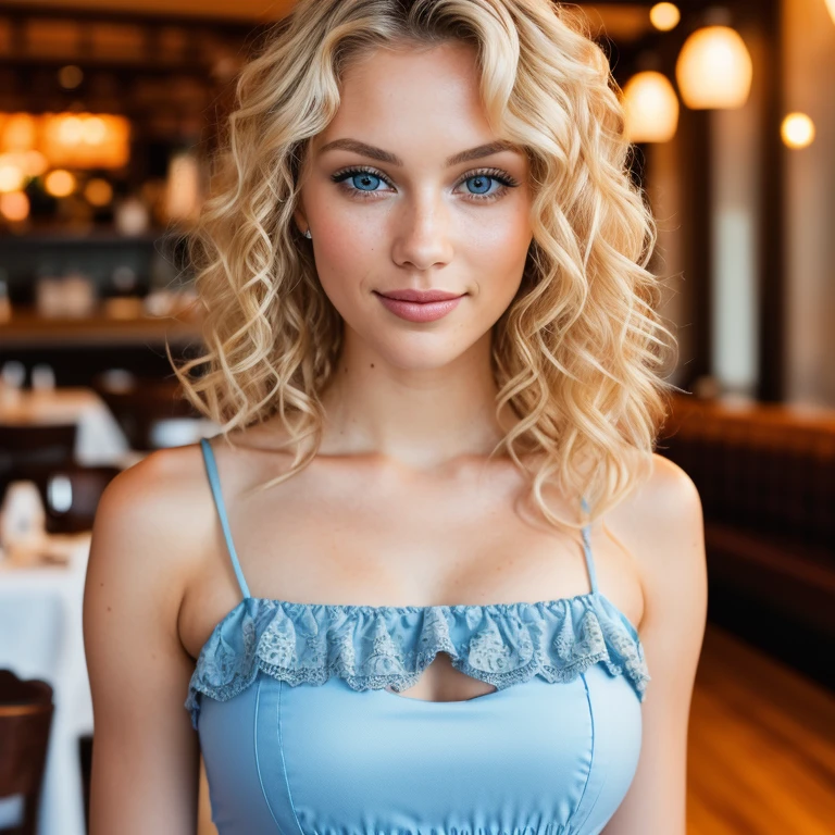 photo of a 24-year-old blonde curly (blue-eyed woman), inside a restaurant eating with food, curly hair, large breasts, (dress), (neckline), details (textures! , hair! , color!! , disadvantages: 1.1), glossy eyes with high detail (looking at the camera), SLR lighting, SLR camera, ultra-quality, sharpness, minimal depth of field, film grain (center), Fujifilm XT3, crystal clear, frame center, beautiful face, sharp focus, detailed skin pores, complex eye details, full body