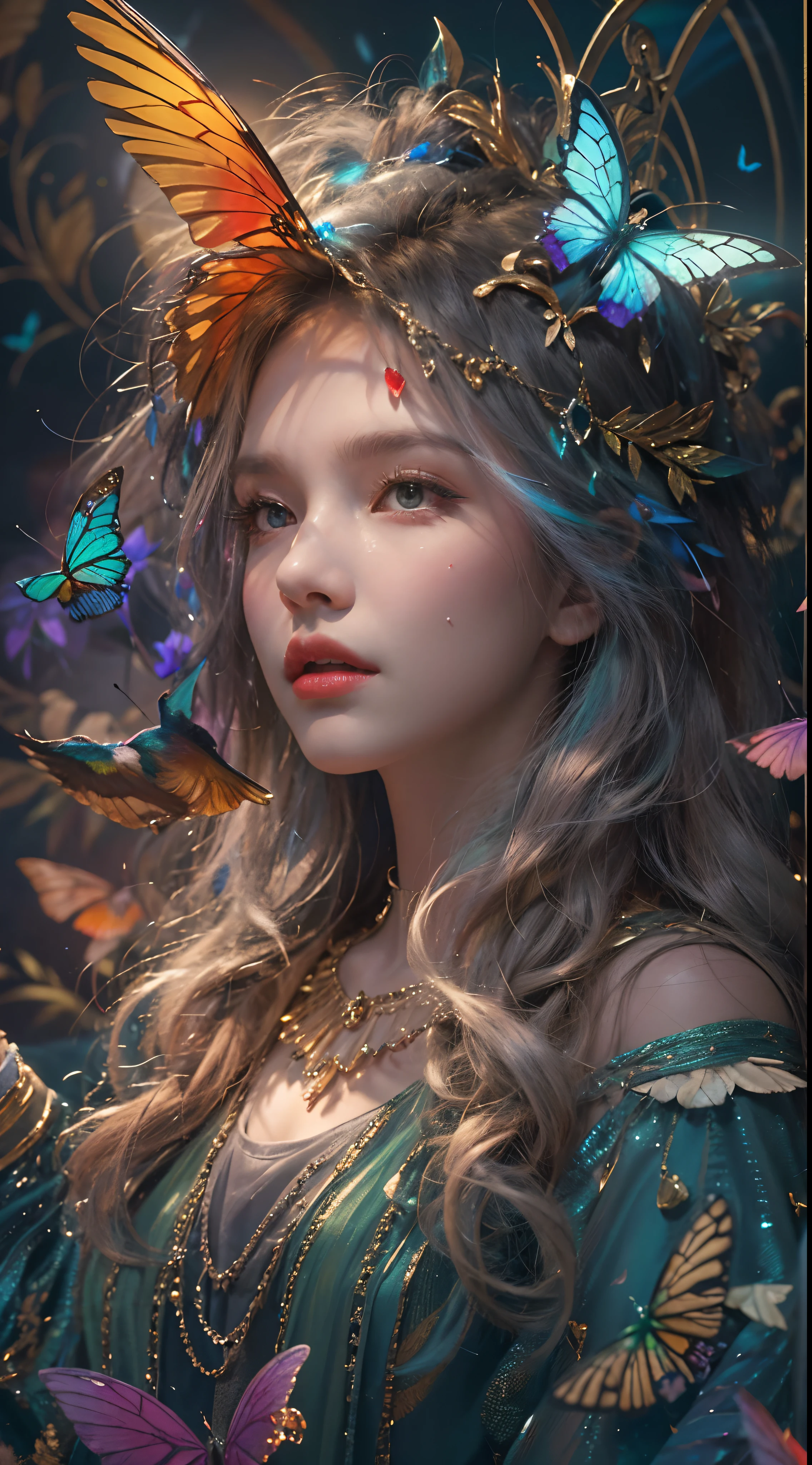 (((Masterpiece))), (((opulent))), (((Best quality))), ((Ultra-detailed)), (Highly detailed CG illustration), ((An extremely delicate and beautiful)), Cinematic light. Create stunning fantasy artwork,Imitate the style of the currently popular genre masters. The artwork should contain rich and ornate elements of mythological fantasy and fairy tale fantasy,And with colorful rainbow accents and deep gemstone tones. ((Use the rainbow as the main color scheme.)) The character in the work is a delicate but strong character,Exudes an aura of mystery and magic. Pay close attention to intricate facial features, For example, captivating eyes with bright colors and bold shadows. The character's clothes should be designed with gossamer feathers, Silk, Amazing embroidery, and subtle iridescent details. merging (((Translucent rainbow))), Dreamy colors, Dynamic lighting, and detailed background elements,Create a sense of awe and immersion. ((These include colorful flying magical birds and jewel-hued rainbow butterflies that exude magical halos.)) Consider the latest trends in fantasy art, such as incorporating unique lighting effects, Explore dynamic and compelling compositional techniques, And try a unique color palette. Take inspiration from top artists on ArtStation and Midjourney. camera: Choose an angle that highlights the beauty of the characters and enhances the magical majesty of the artwork. lighting: Create depth and atmosphere with atmospheric lighting technology. Resolution: Aim for high-resolution artwork,to showcase intricate detail and clarity. Artistic inspiration: Get inspiration from popular artists on ArtStation, Explore different styles, genre, and the theme.