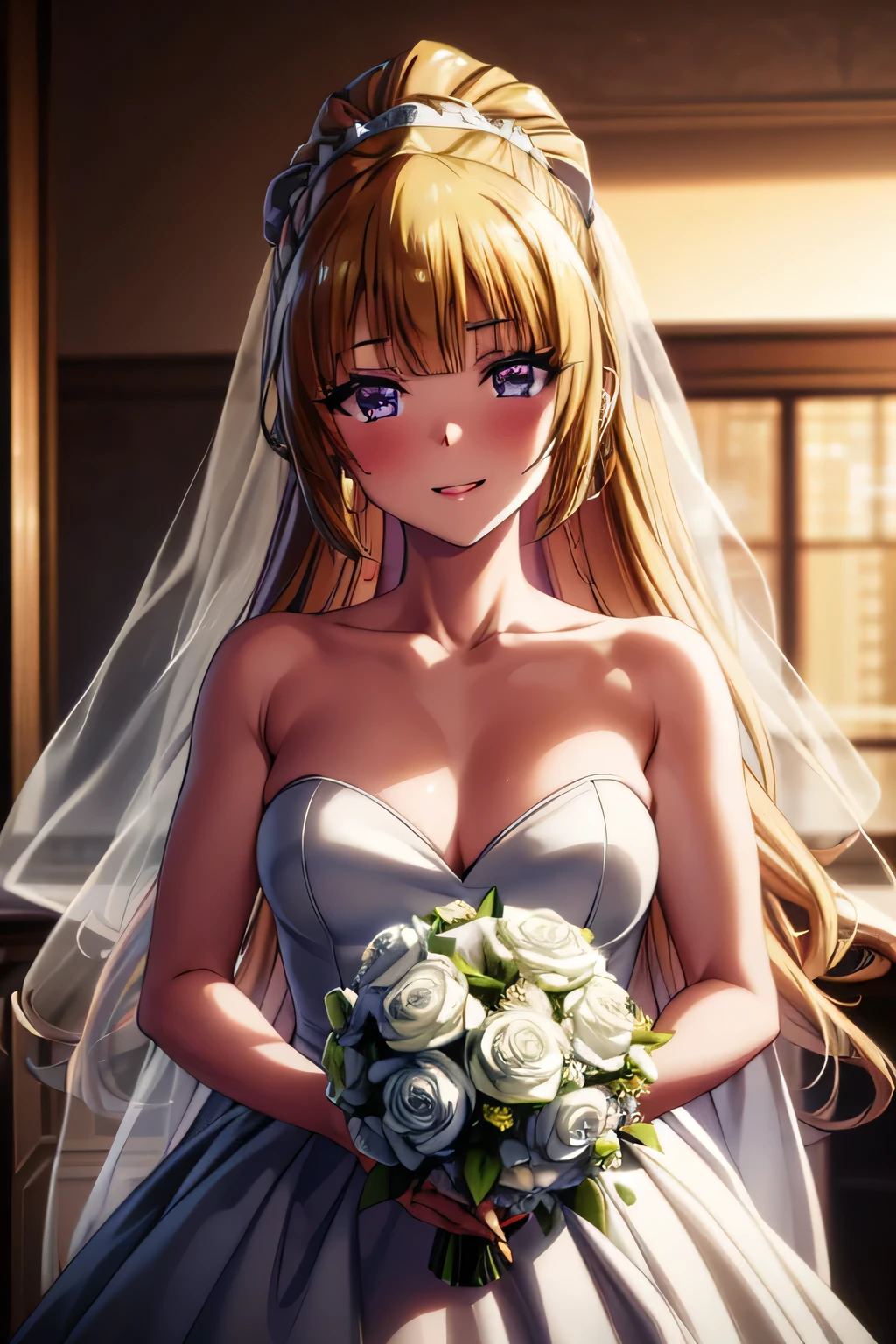 (masterpiece, top quality, best quality, official art, beautiful and aesthetic:1.2), (1girl:1.3), extremely detailed, official artstyle, highest detailed, parted lips,wallpaper,beautiful violet eyes, long hair, beautiful blonde hair, ponytail hairstyle, bangs, (happiness, beautiful smile, happy expression, happy face), ((Wedding dress, chies, Bridal veil, Wedding, Bouquet)),(cowboy shot), holding a flower