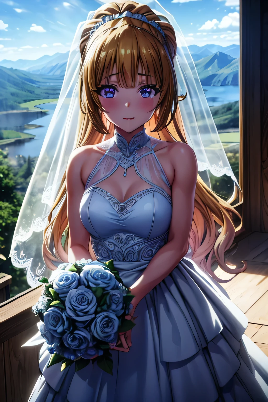 (masterpiece, top quality, best quality, official art, beautiful and aesthetic:1.2), (1girl:1.3), extremely detailed, official artstyle, highest detailed, parted lips,wallpaper,beautiful violet eyes, long hair, beautiful blonde hair, ponytail hairstyle, bangs, (happiness, beautiful smile, happy expression, happy face), ((Wedding dress, chies, Bridal veil, Wedding, Bouquet)),(cowboy shot), holding a flower