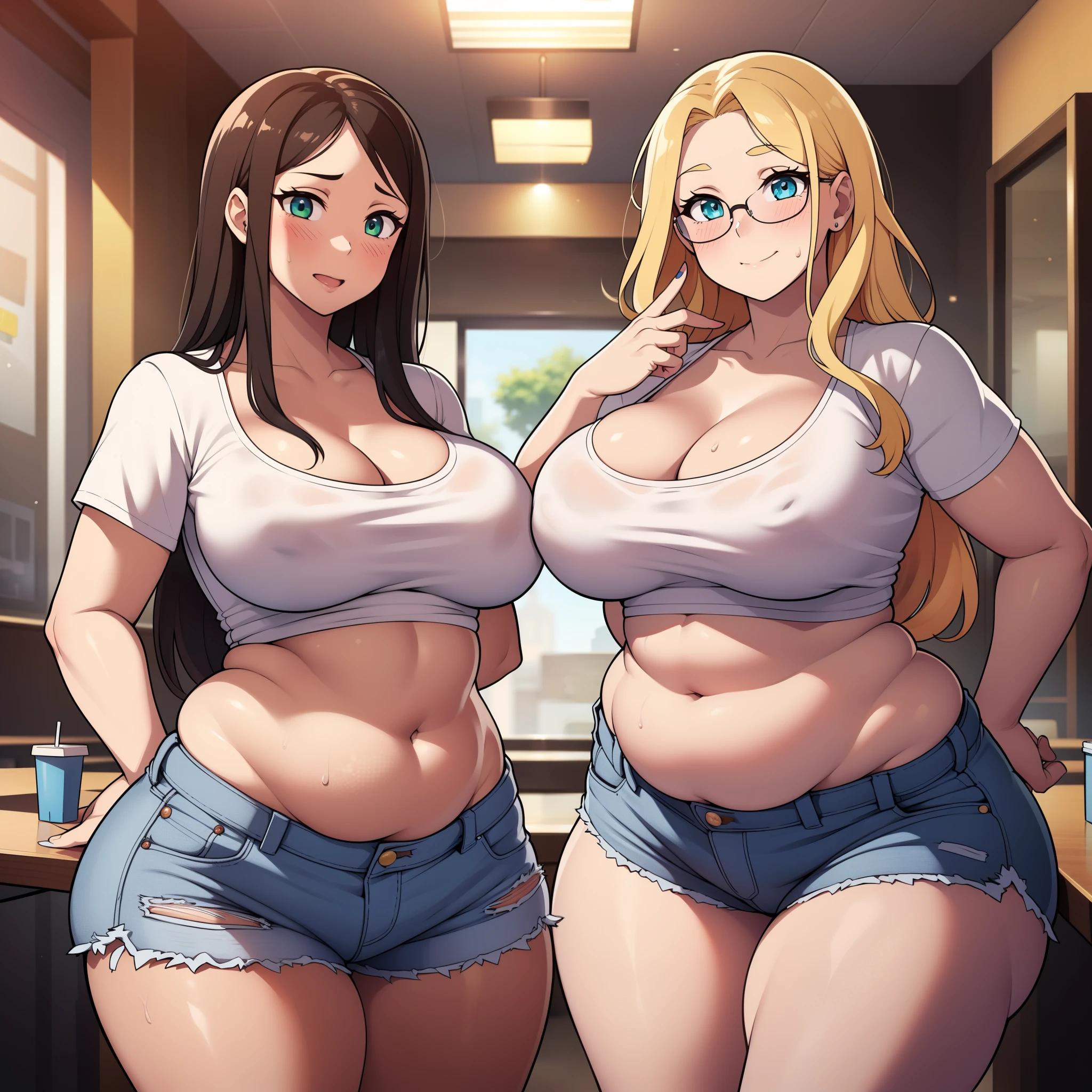 ((highres)), Masterpiece, high quality, best quality, beautiful, perfect lighting, detailed face, ultra cute face, ((2girls)), sexually suggestive, seductive smile, blush, one girl has blonde hair, blue eyes, crop top and shorts, one girl has brown hair, green eyes, jeans, white shirt, fast food restaurant, cleavage, medium breasts, ((wide hips)), ((thick thighs)), (fat ass), ((plump)), chubby belly, belly grab, fat folds, standing next to each other,