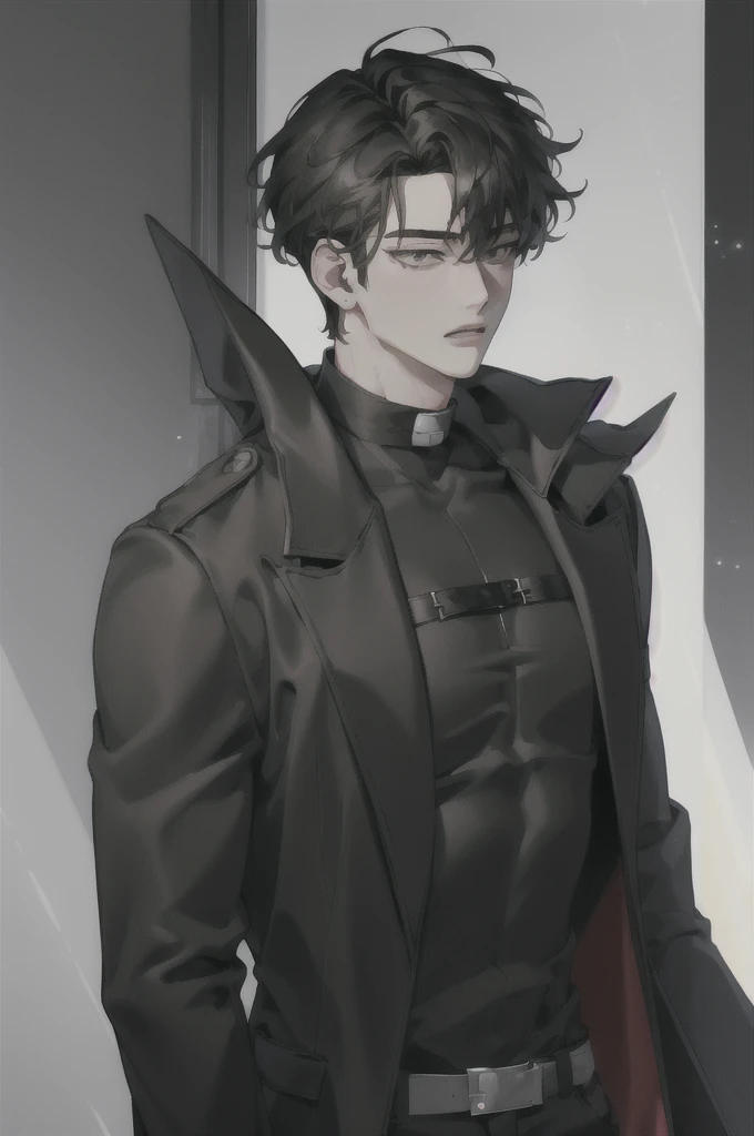 (Masterpiece:1.4), (best quality:1.2), yoo joonghyuk, 1boy, male focus, black jacket, black shirt, black pants, upper body , black eyes, brown hairs ( wavy hairs)