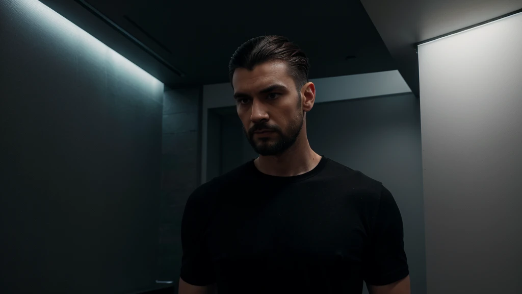 a man, with short, dark hair combed back, a thin beard, wearing a plain, basic black shirt with some LEDs on it, in a room with LEDs on the ceiling, in the background a wall with futuristic gray shelves, and the background wall is white with black details, the man has his back looking through the window at a city with illuminated buildings