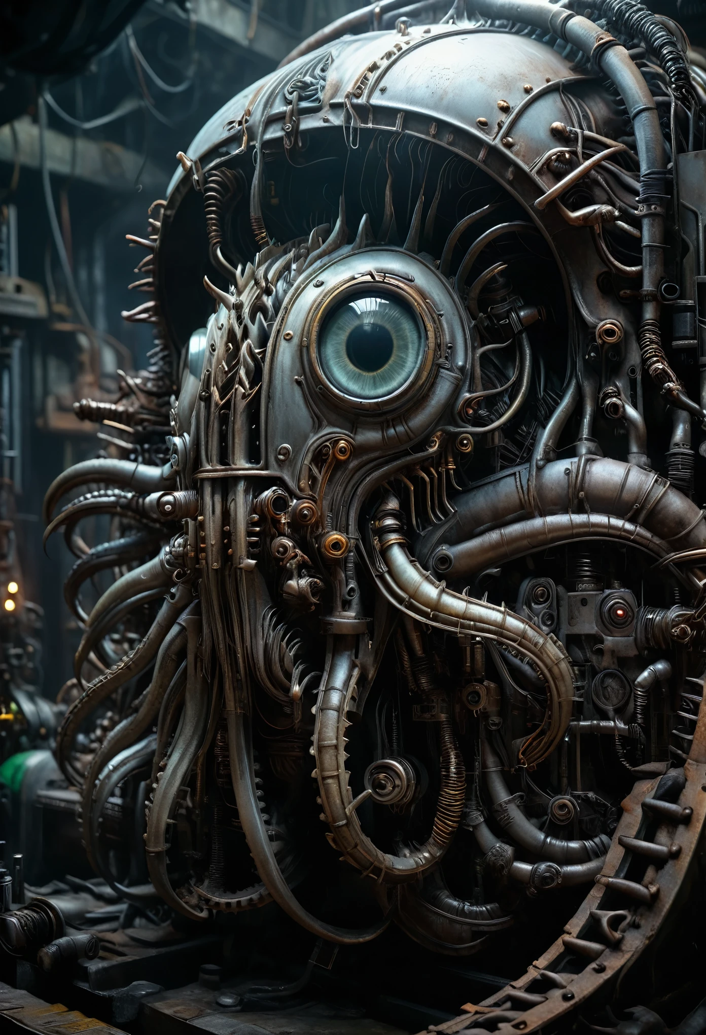 mechanical eye glows with an otherworldly light, Vibrant Kraken, 8k photorealistic, cinematic lighting, HD, high details, dramatic, dark atmosphere, great light, perfect composition, vibrant, lush, glossy, elegant, unreal engine, inspired by HR Giger, half body portrait, highly detailed, photo realistic, cinematic, movie still, captured in the style of Sony Alpha A7 III camera