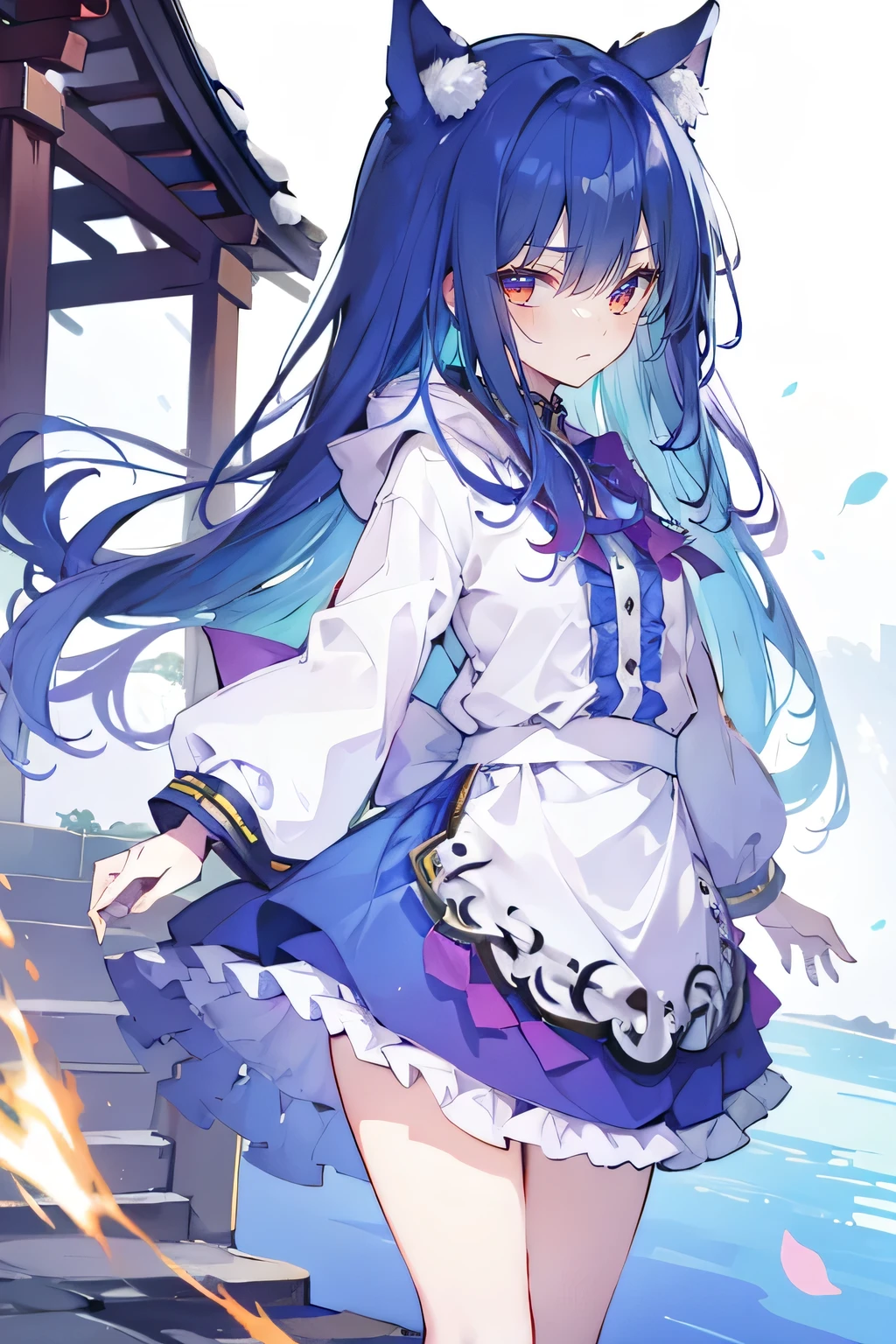 (masterpiece:1.2),Super detailed,lifelike,Expressive eyes,fair skin,perfect face shape,1 girl,
Japanese comics,Gorgeous blue hair,flowing blue hair,flowing clothes,Cat ears,Petals fall,beautiful lola,Baby Angel,sunrise,
Shaking head with one hand,Cross your legs,Gentle and peaceful background,The pavilion is cool and comfortable,smile, wearing hoodie, background of tokyo,back views,snowing, winter.