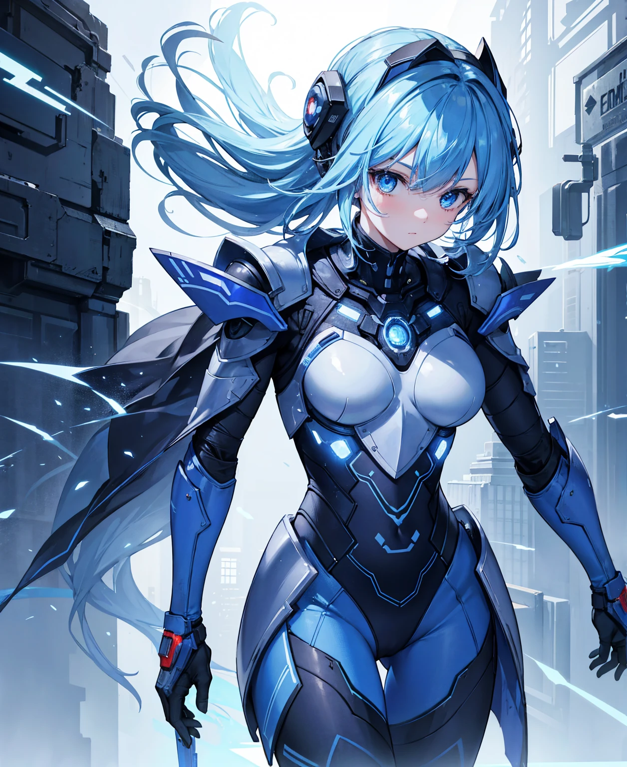 8k, highest quality, (real:1.4), Original photo, 1 girl, Asari Hair, Biological Amplifier, refined armor, posture: Peace talks between warring factions, smart blue eyes