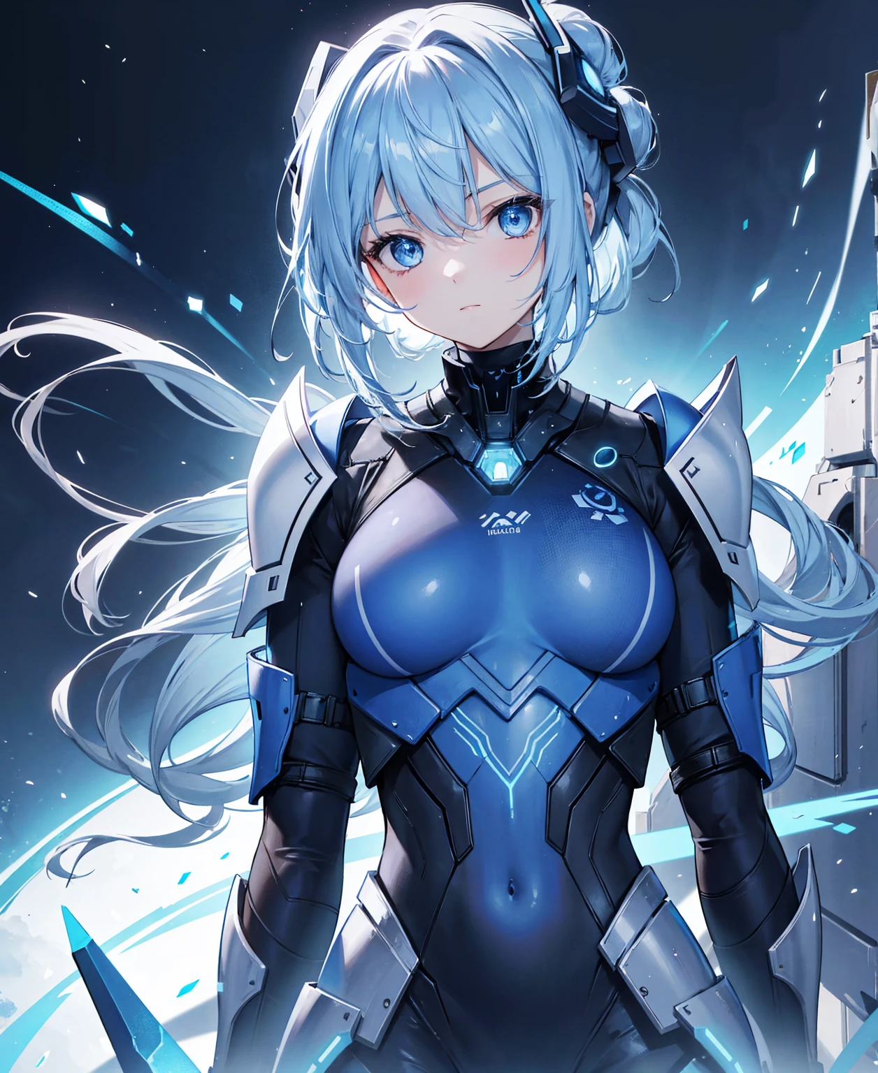 8k, highest quality, (real:1.4), Original photo, 1 girl, Asari Hair, Biological Amplifier, refined armor, posture: Peace talks between warring factions, smart blue eyes