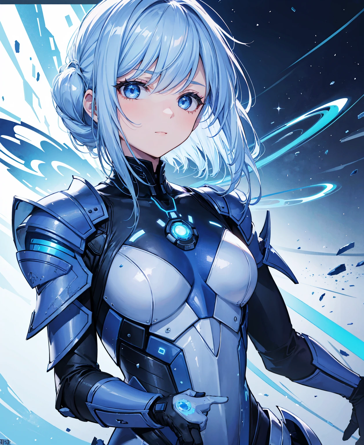 8k, highest quality, (real:1.4), Original photo, 1 girl, Asari Hair, Biological Amplifier, refined armor, posture: Peace talks between warring factions, smart blue eyes