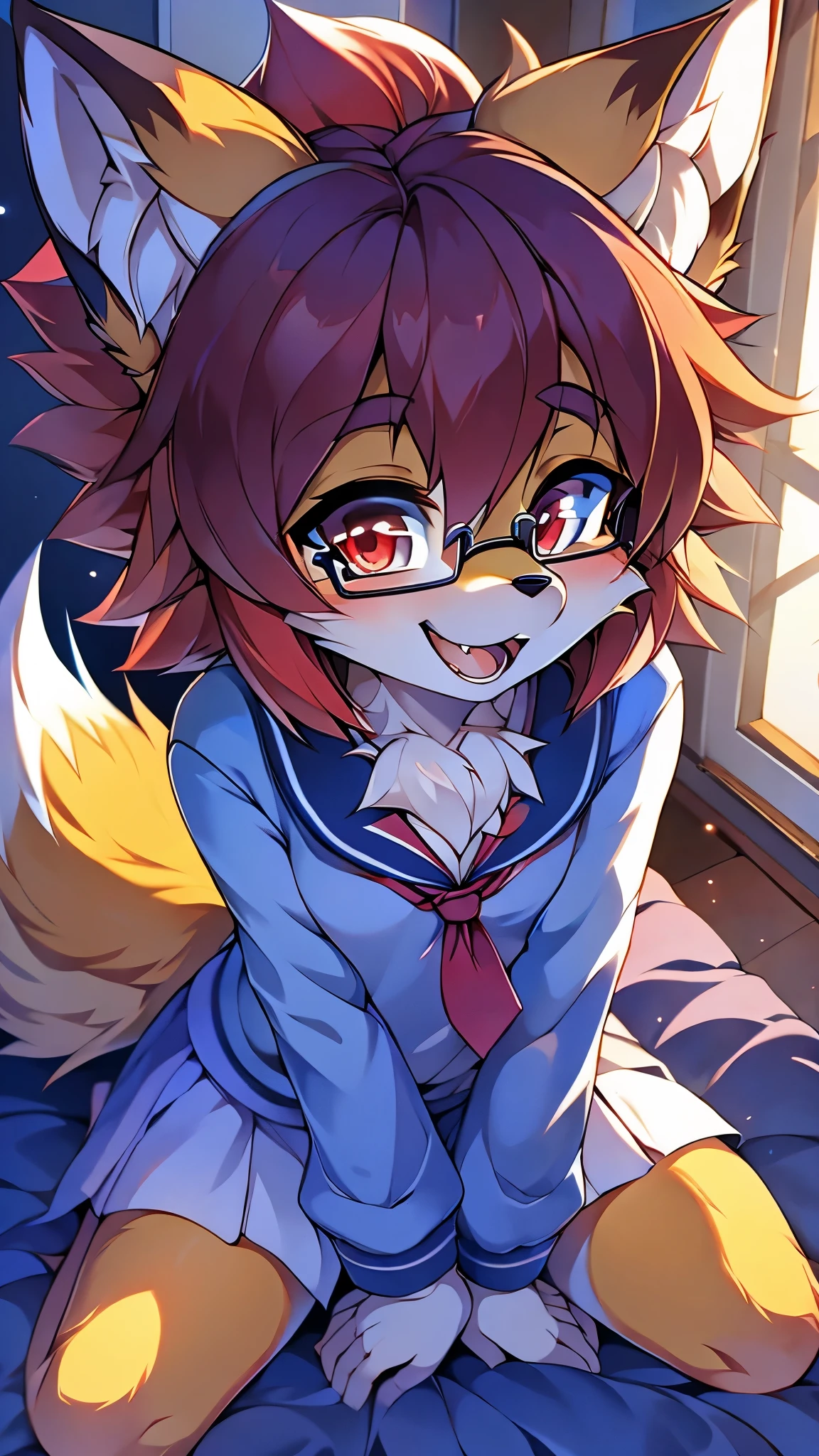 solo, young fox furry girl with short red hair, fluffy hair shy, beautiful red eyes, wearing glasses,  very  fluffy tail, , bow on chest, 17 years old , very young body, flat chest, a cup  innocent , pure feminine girl, wearing a high-school uniform, tilted head, smiling with open mouth and  teeth, happy,  being adorable, good mood,  in  her room, sitting, hands between legs, leaning forward, at night, seen  from her side, High perspective 