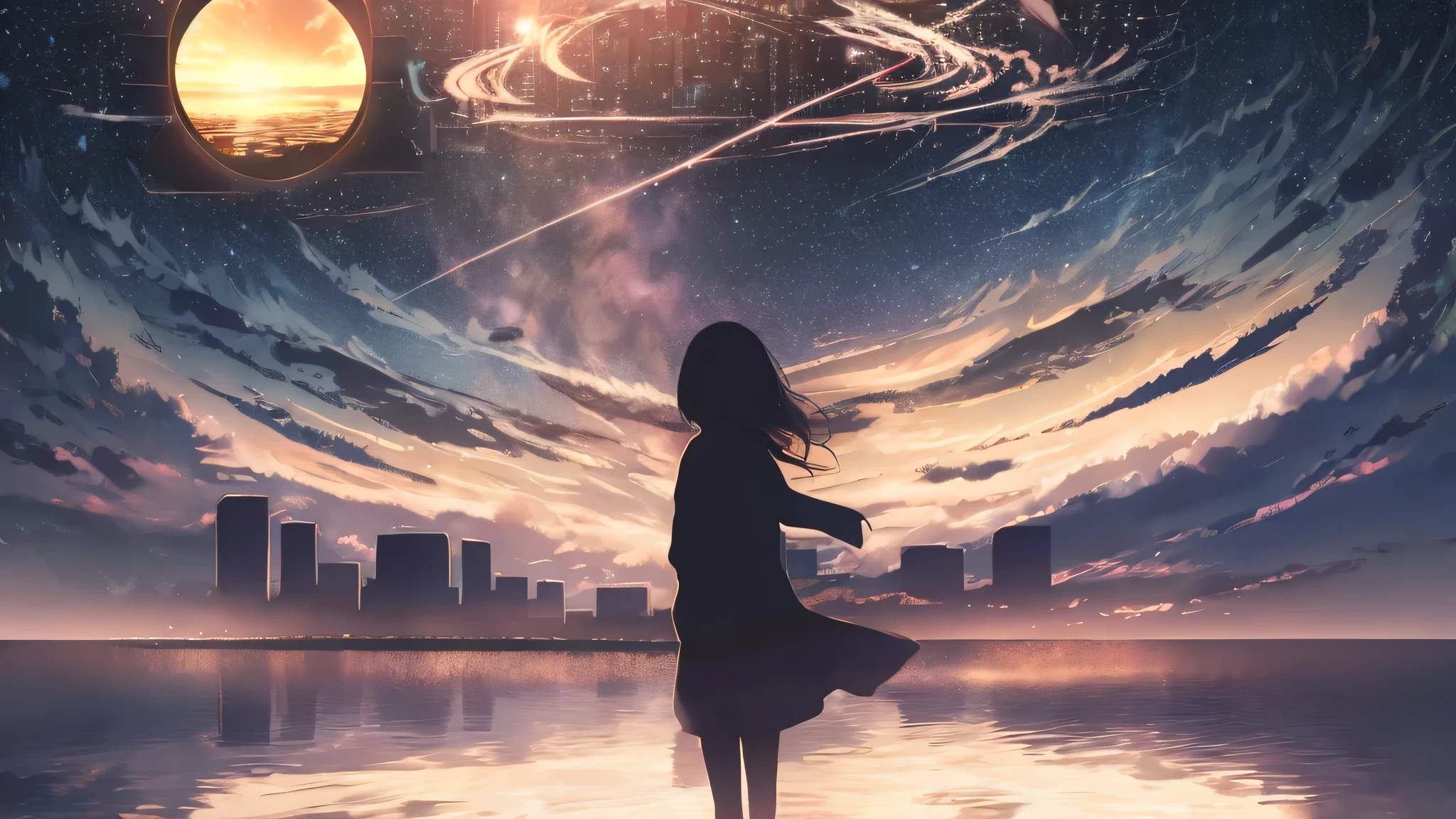 anime,silhueta,1 garota, star (sky), nuvem, cidadescape, building, cidade, ao ar livre, skyscraper, cidade lights, noite, noite sky, sunset, skyline