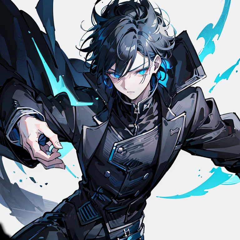 ((best quality)), ((masterpiece)), (detailed), perfect face teenager male spiky black hair with white streaks and bangs, glowing blue eyes like gojo, pale skin, wearing a black jacket.