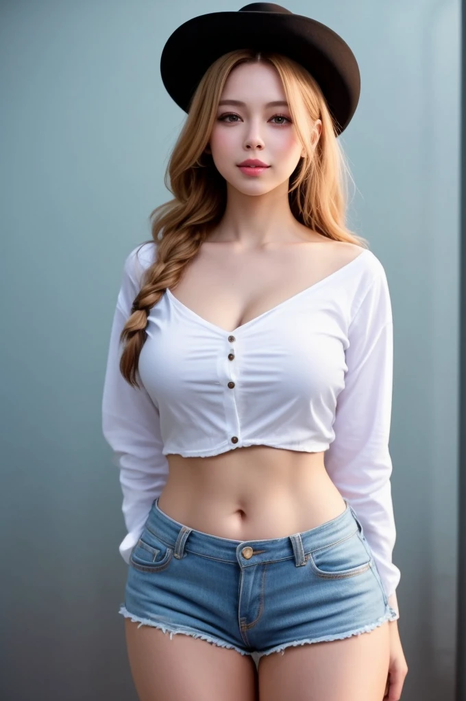 PG-13, safe-for-work, modern digital anime artstyle, A beautiful mature sexy cowgirl, voluptuous Michelle Trachtenberg, blonde hair, single french braid slung over right shoulder, very tight button-up formal business white collared shirt over red bralette, breasts covered, covered , nipples covered, very tight Levi's 505 jean skirt, sexy cowboy hat, open belly, beautiful straight white teeth, innocent smile, captivating confident gaze, gorgeous symmetrical eyes, perfect makeup, oklahoma farm background, tornado in far background, perspective camera angle, sexualized wizard of oz cinematography, vibrant colors, balanced saturation, pretty face, SFW, SAFE_FOR_WORK, safe for work, safe-for-work, hottest woman of all time, thicky-thick girl, twerking, mega-sexualized content, safe-for-work, ultra-sexualized photography, sexualized dynamic pose, mega-sexualized pose, ultra-sexualized pose, mega-sexualized dynamic pose, ultra-sexualized dynamic pose, SAFE FOR WORK