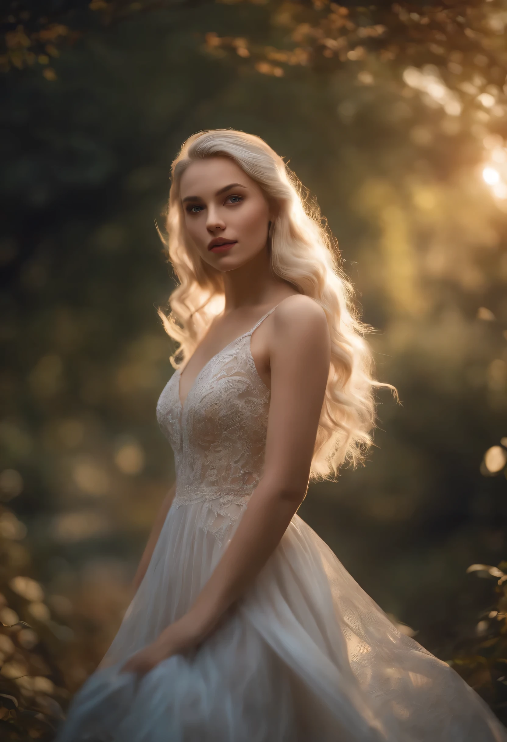 Blonde realistic pale girl, 4k, in a dress, normal angle, outdoor