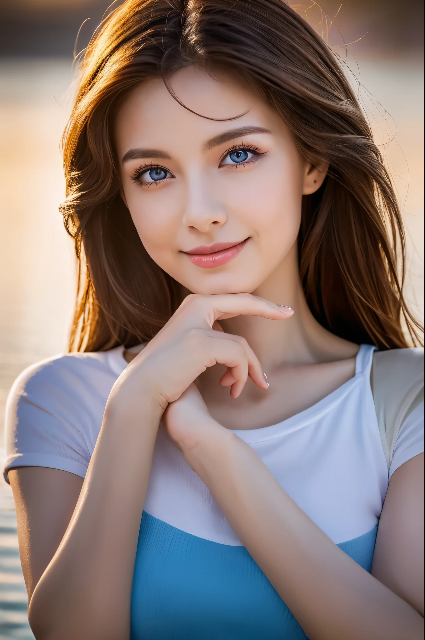 8K,Brown short hair,Pretty American woman,Super Beauty(Like the real thing),Colorful summer clothes,Shorts,Big smile,Lakeside,Perfect Anatomy,charm,Volume measurement,Body balance,Digital single-lens reflex camera, Soft lighting, Detailed Background, Written boundary depth, Volumetric lighting, Sharp focus, Absurd, Realistic proportions, Excellent anatomy, (Realistic, 超Realistic:1.4), 16K HDR, dawn,A High Resolution,super Realistic 肌,Super beautiful expression,Fantasy art,Character Art,Wind effects:1.9、Cloud Effect:1.2、Full Rendering、Professional quality high resolution、Perfect contrast、Perfect lighting、Perfect composition、Perfect Skin、Perfect Fingers、Perfect breasts、Perfect Hair、Perfect Face、Realistic facial features,super highest quality,Slim figure,Perfect body line,Perfect hand shape,Anatomical body balance,Highly detailed face,Highly detailed eyes,Beautiful Lips,Excellent light particles,Cinema Lighting,Makeup,Ultra-high resolution,Ultra-Realistic Skin,Dynamic pose,Blue Eyes,