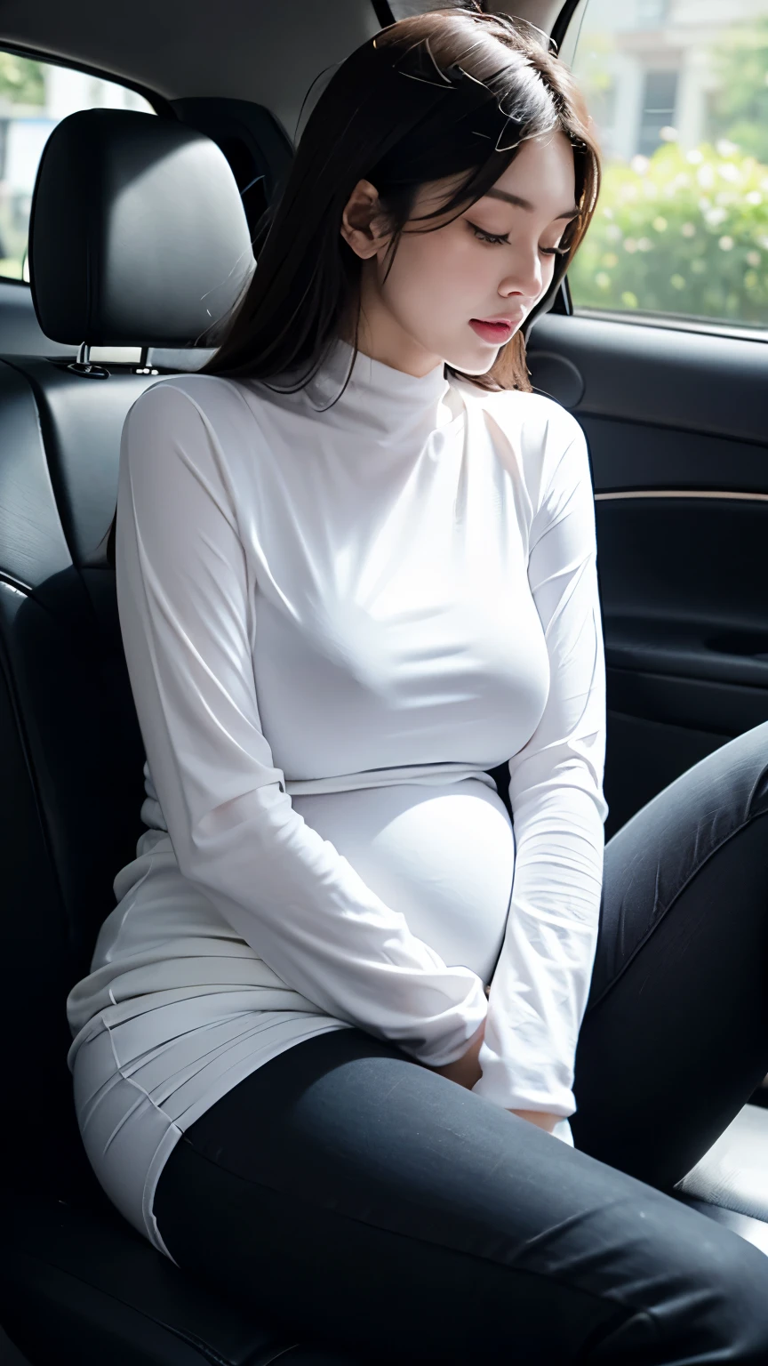 (photorealistic),(masterpiece),(ultra-detailed),a very pretty and sexy 20 year old girl holding more than liters of pee, sitting in a car seat ,wearing crop bubble jacket and tight black jeans, hands jammed between thighs, legs crossed tightly, lower abdomen part of the tight black jeans bulging from full bladder as big sphere as if she was fully nine months pregnant with ten ???? but smooth rounded ,enduring extreme urge to pee,eyes slightly closed,pee about to come out,sweating,wearing skin tight black jeans,pee about to burst out