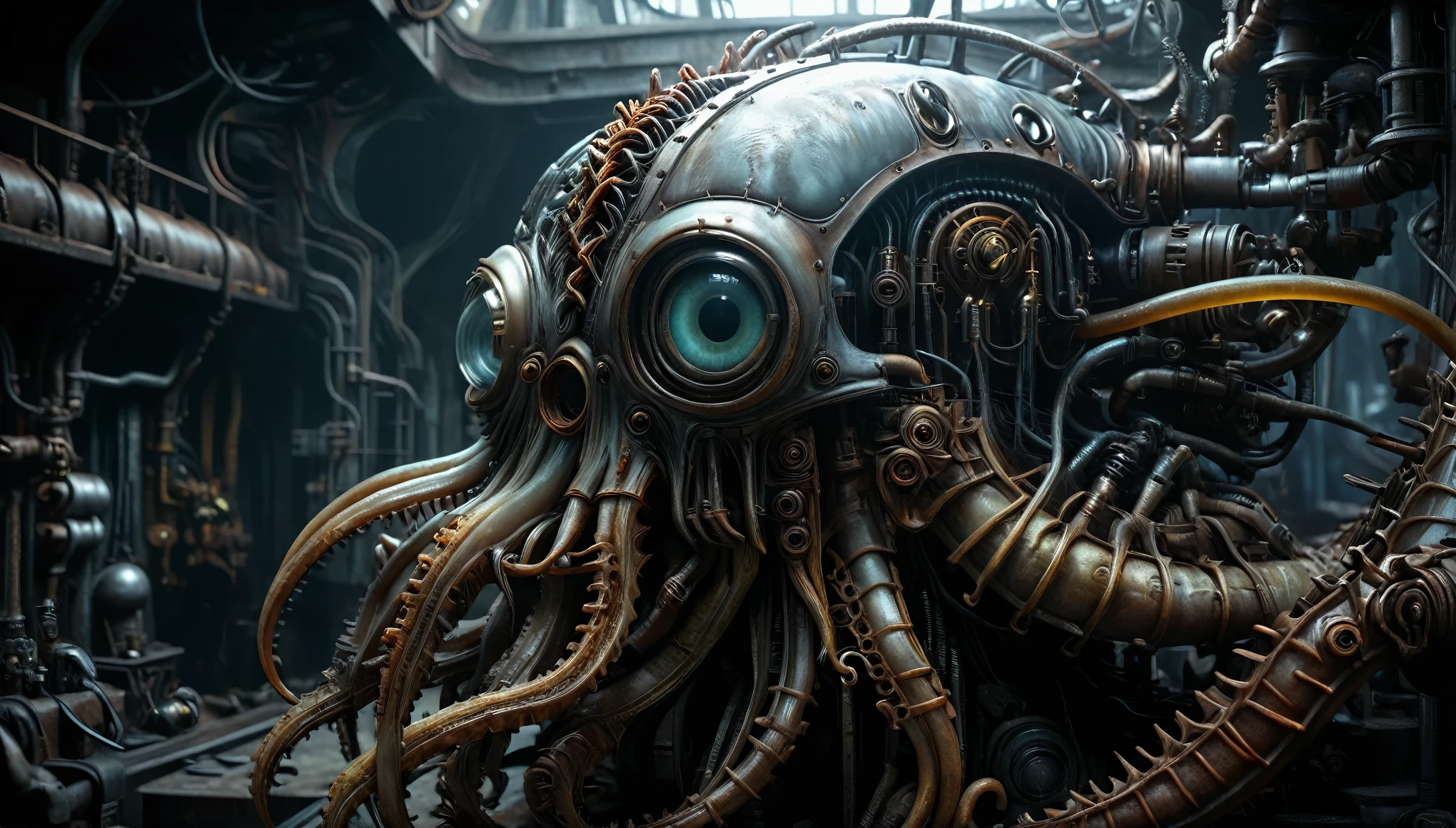 mechanical eye glows with an otherworldly light, Vibrant Kraken, 8k photorealistic, cinematic lighting, HD, high details, dramatic, dark atmosphere, great light, perfect composition, vibrant, lush, glossy, elegant, unreal engine, inspired by HR Giger, half body portrait, highly detailed, photo realistic, cinematic, movie still, captured in the style of Sony Alpha A7 III camera