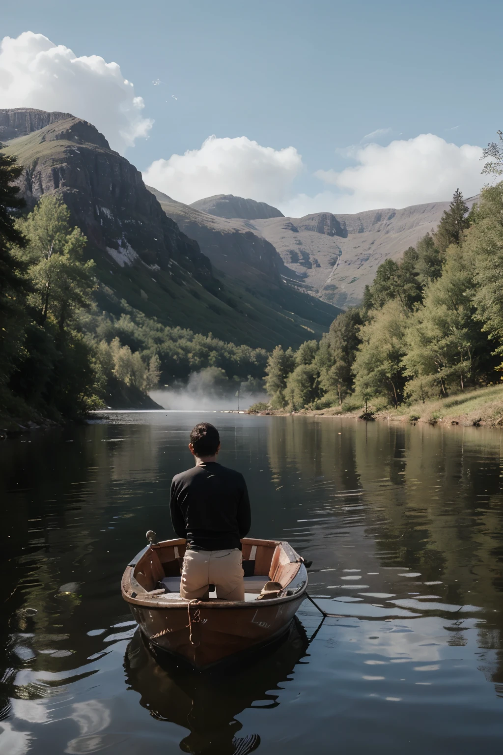 Landscape photo of a man on a boat on a misty lake in Scotland, eclectic cultural themes, shot by Sony Alpha a7 III camera, mountainous vistas, exotic landscapes, nature-inspired imagery —ar 16:9 —style raw