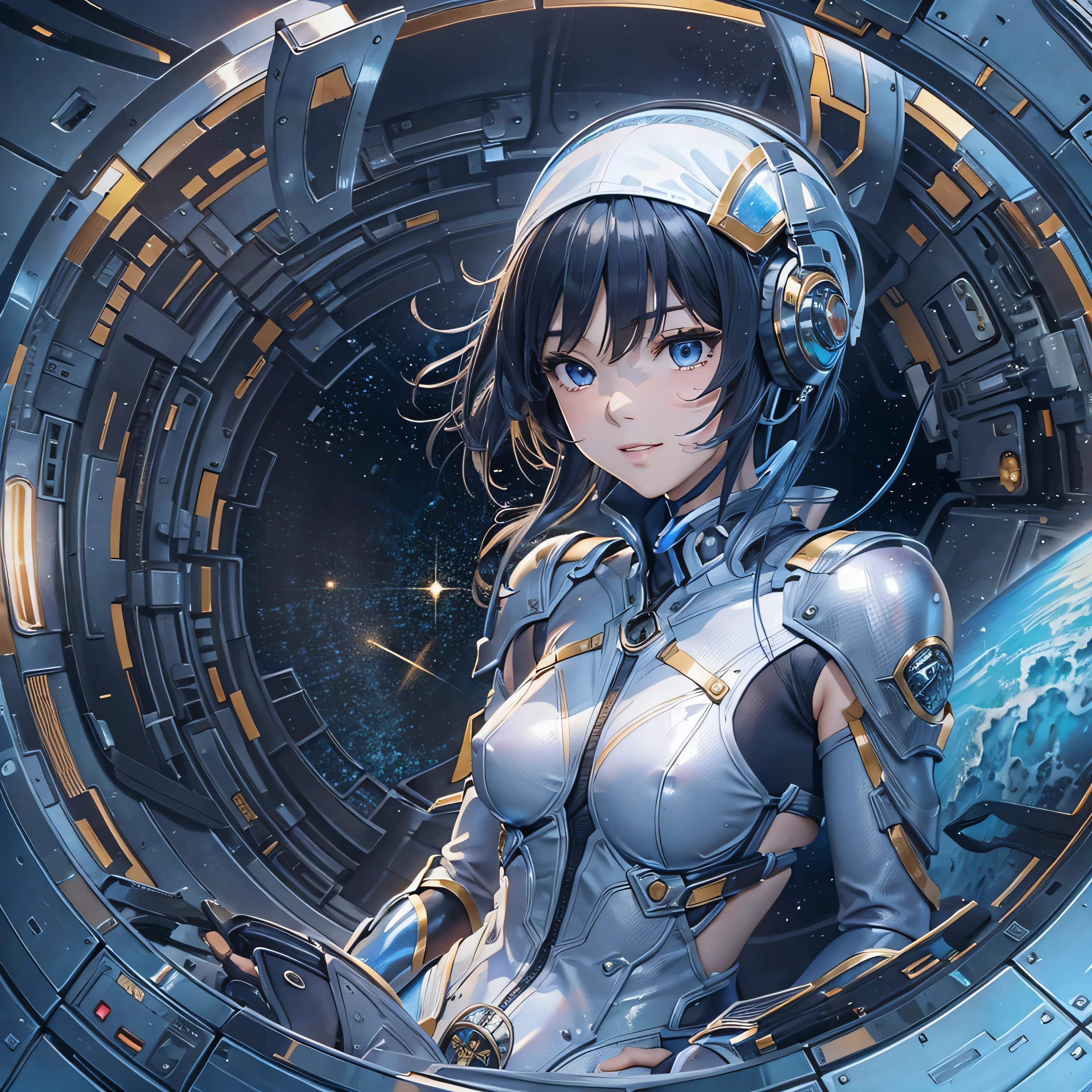 (masterpiece、highest quality、Highest Resolution、Clear_image、Detailed details、Angle from above): (Whole body、One 20 year old girl、Japanese Faces、Small Face、Slender、Navy blue super short bob cut hair、(Hidden small breasts:1.3)、Sparkling blue eyes、Shiny pilot suit in blue and black colors、Chest protection armor、Tight fitting clothes、Clothing that covers the whole body、Glamorous clothes、Tight Fit Pants、Hide your skin、Very delicate and beautiful、Detailed Skin、hide thighs、Hide your ass、Cute、A gentle smile、Soft expression、heroine、headset、Knee-high boots、Elbow-length gloves、Eye Level Shot、Face directly、Woman on a spaceship)