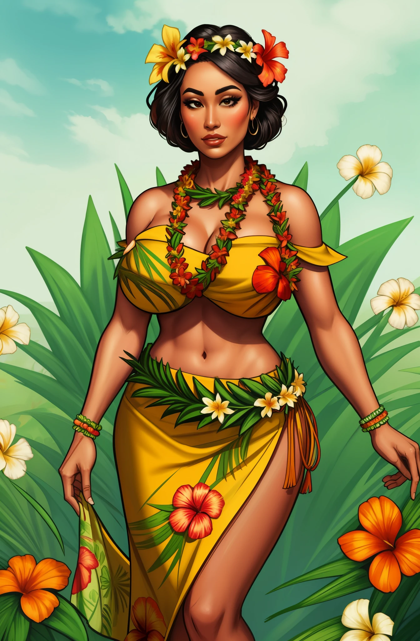 Hawaiian woman wearing a garland of flowers, girl wearing a lei, grass skirt

