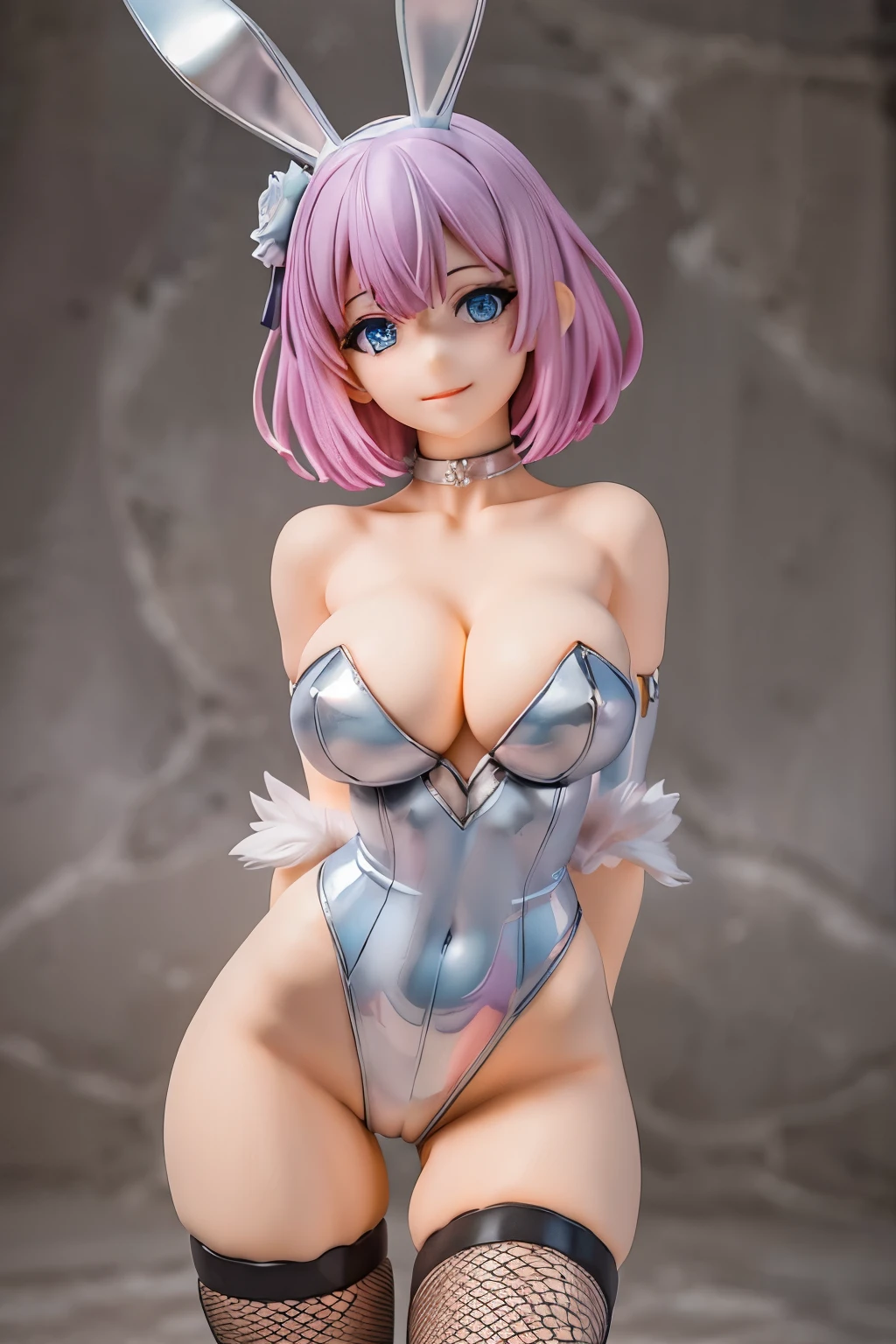 Beautiful , 1girl, purple hair, extremely short hair, blue eyes, freckles on face, happy, smiling, thick lips, full lips, huge breasts,e cleavage, deep , very thin bodoy bunny outfit, straplessaist leotard, fishnet legwear, bunny ears, heart shaped choker, perfect anatomy, ultra-detailed, 4k, 8k, best quality, masterpiece