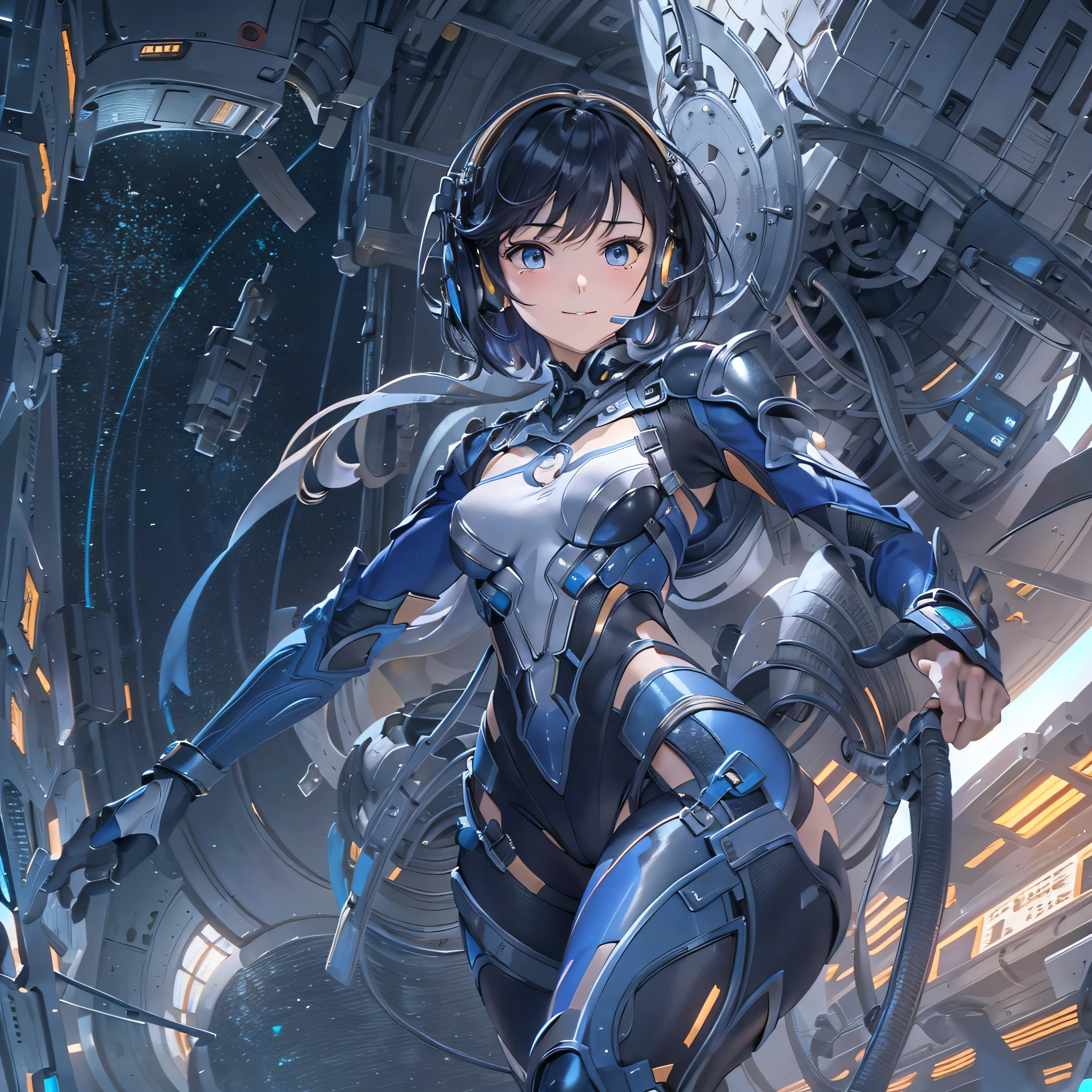 (masterpiece、highest quality、Highest Resolution、Clear_image、Detailed details、Angle from above): (Whole body、One 20 year old girl、Japanese Faces、Small Face、Slender、Navy blue super short bob cut hair、(Hidden small breasts:1.3)、Sparkling blue eyes、Shiny pilot suit in blue and black colors、Chest protection armor、Tight fitting clothes、Clothing that covers the whole body、Glamorous clothes、Tight Fit Pants、Hide your skin、Very delicate and beautiful、Detailed Skin、hide thighs、Hide your ass、Cute、A gentle smile、Soft expression、heroine、headset、Knee-high boots、Elbow-length gloves、Eye Level Shot、Face directly、Woman on a spaceship)