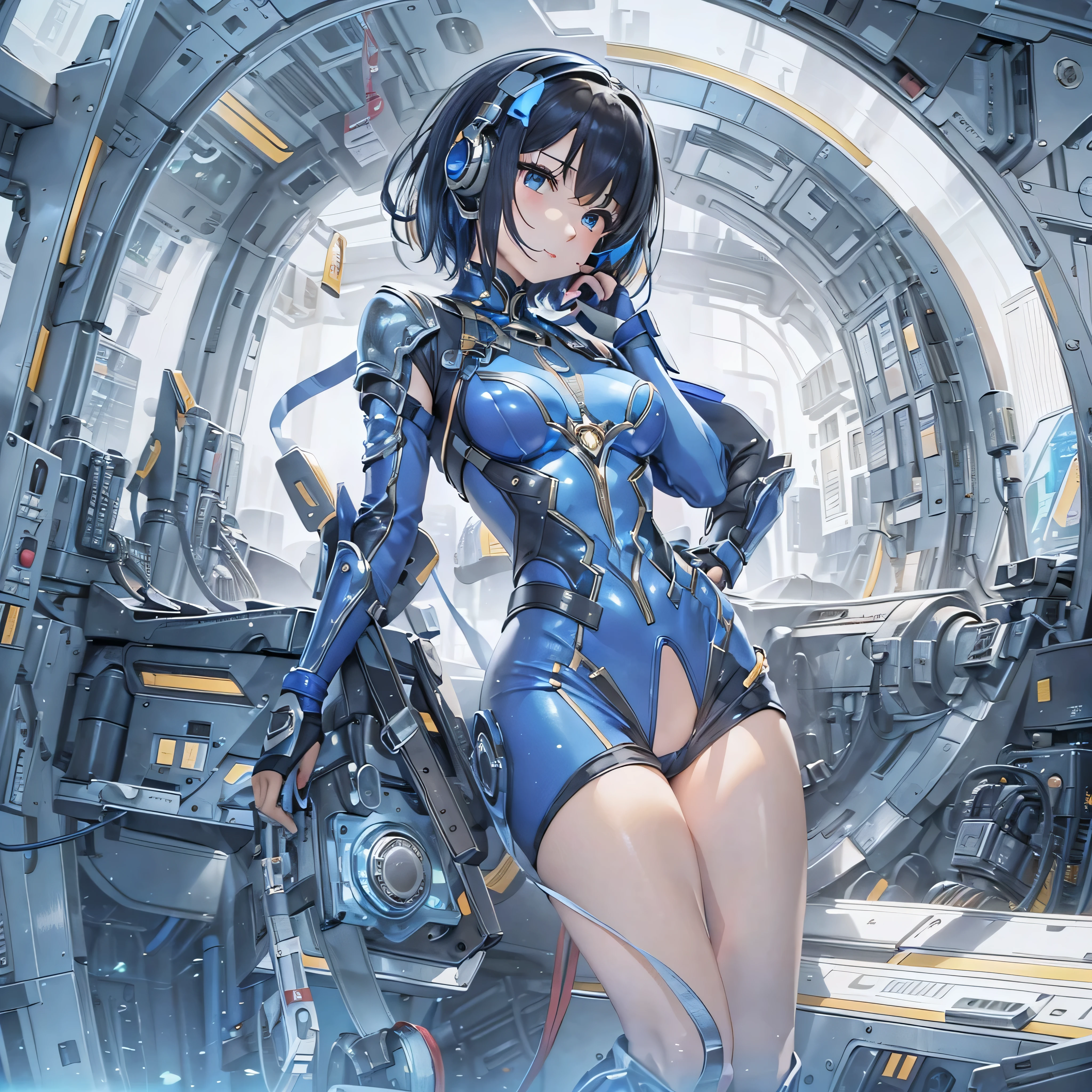 (masterpiece、highest quality、Highest Resolution、Clear_image、Detailed details、Angle from above): (Whole body、One 20 year old girl、Japanese Faces、Small Face、Slender、Navy blue super short bob cut hair、(Hidden small breasts:1.3)、Sparkling blue eyes、Shiny pilot suit in blue and black colors、Chest protection armor、Tight fitting clothes、Clothing that covers the whole body、Glamorous clothes、Tight Fit Pants、Hide your skin、Very delicate and beautiful、Detailed Skin、hide thighs、Hide your ass、Cute、A gentle smile、Soft expression、heroine、headset、Knee-high boots、Elbow-length gloves、Eye Level Shot、Face directly、Woman on a spaceship)