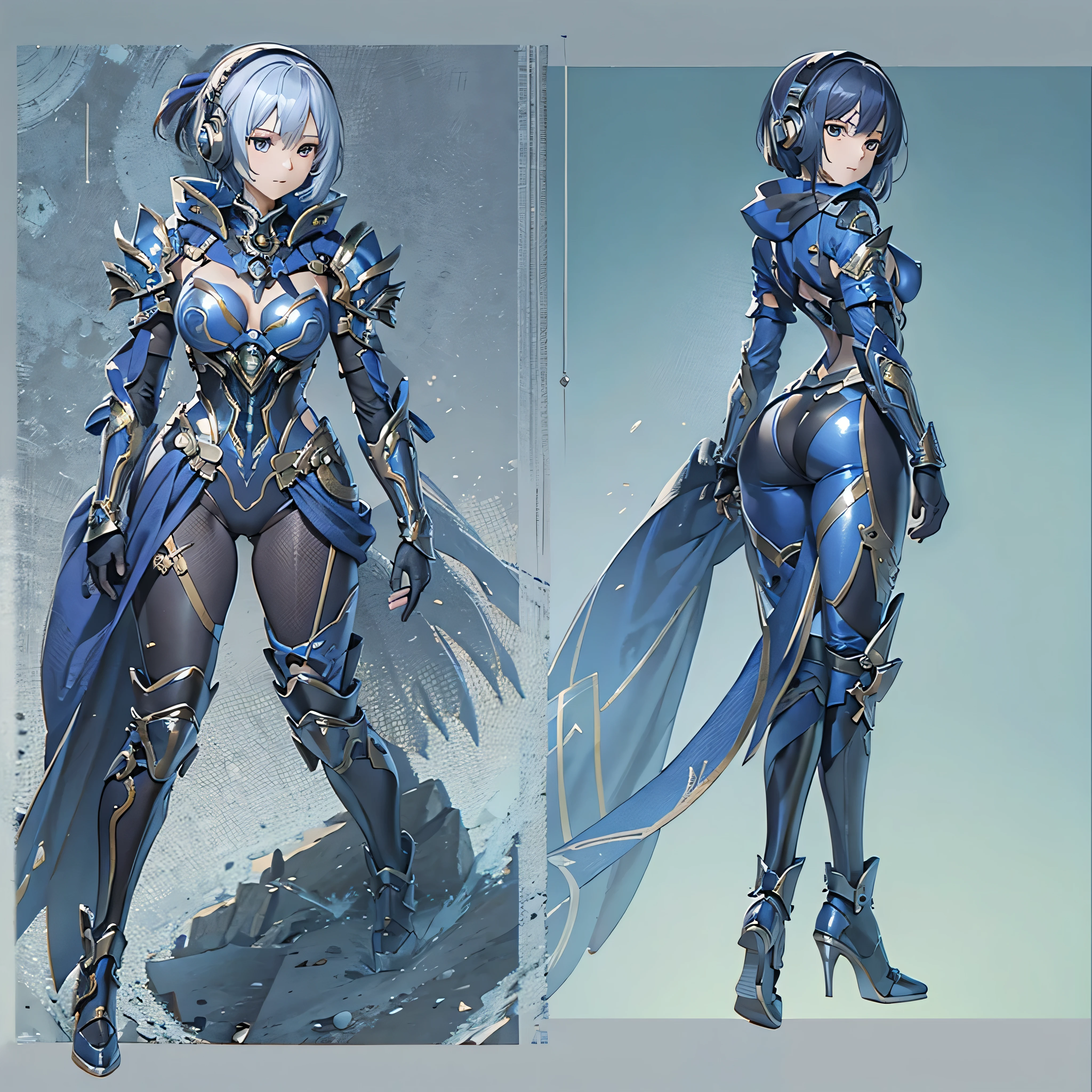 (masterpiece、highest quality、Highest Resolution、Clear_image、Detailed details、Angle from above): (Whole body、One 20 year old girl、Japanese Faces、Small Face、Slender、Navy blue super short bob cut hair、(Hidden small breasts:1.3)、Sparkling blue eyes、Shiny pilot suit in blue and black colors、Chest protection armor、Tight fitting clothes、Clothing that covers the whole body、Glamorous clothes、Tight Fit Pants、Hide your skin、Very delicate and beautiful、Detailed Skin、hide thighs、Hide your ass、Cute、A gentle smile、Soft expression、heroine、headset、Knee-high boots、Elbow-length gloves、Eye Level Shot、Face directly、Woman on a spaceship)