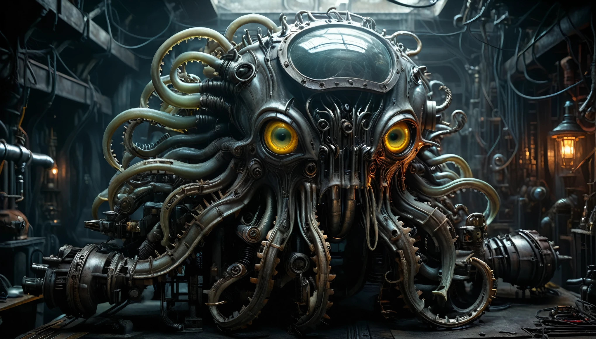 mechanical eye glows with an otherworldly light, Vibrant Kraken, 8k photorealistic, cinematic lighting, HD, high details, dramatic, dark atmosphere, great light, perfect composition, vibrant, lush, glossy, elegant, unreal engine, inspired by HR Giger, half body portrait, highly detailed, photo realistic, cinematic, movie still, captured in the style of Sony Alpha A7 III camera