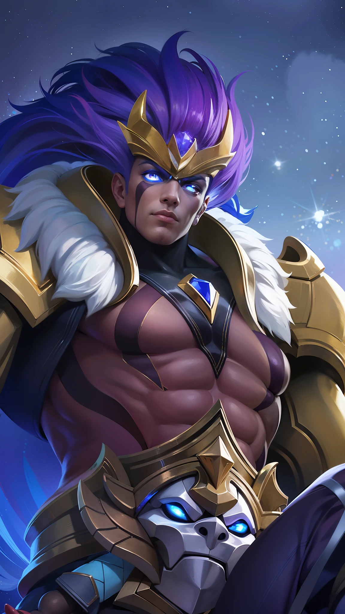 arafed image of a guy with a purple hair and a gold outfit, Best quality, masterpiece, detailed skin texture, detailed clothes texture, detailed face, super detailed, 8k, intricate detail, The color doesn't change, Muscle guy, 1 male, angry, shining blue eyes.