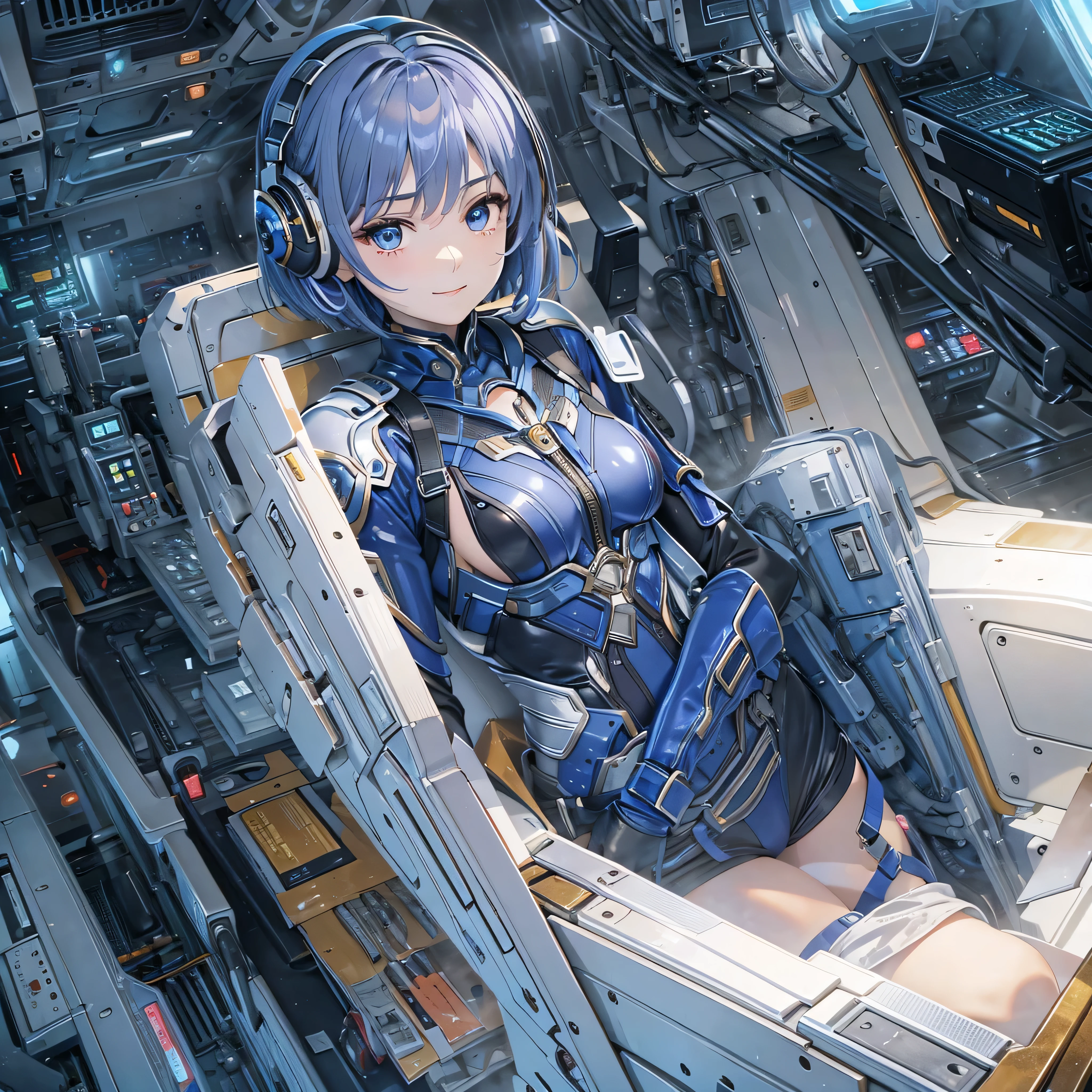 (masterpiece、highest quality、Highest Resolution、Clear_image、Detailed details、Angle from above): (Whole body、One 20 year old girl、Japanese Faces、Small Face、Slender、Navy blue super short bob cut hair、(Hidden small breasts:1.3)、Sparkling blue eyes、Shiny pilot suit in blue and black colors、Chest protection armor、Tight fitting clothes、Clothing that covers the whole body、Glamorous clothes、Tight Fit Pants、Hide your skin、Very delicate and beautiful、Detailed Skin、hide thighs、Hide your ass、Cute、A gentle smile、Soft expression、heroine、headset、Knee-high boots、Elbow-length gloves、Eye Level Shot、Face directly、Woman on a spaceship)