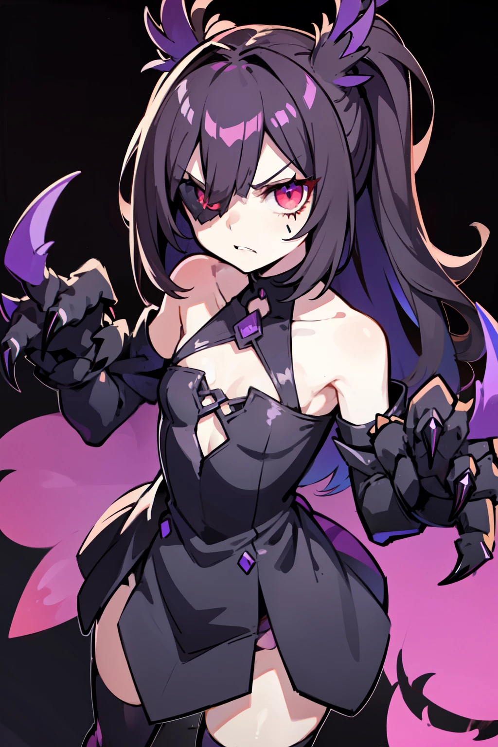 1girl, angry, torn tunica, flat chest, black long messy hair with violet highlight, moster claws instead of hands, one eye with black sclera