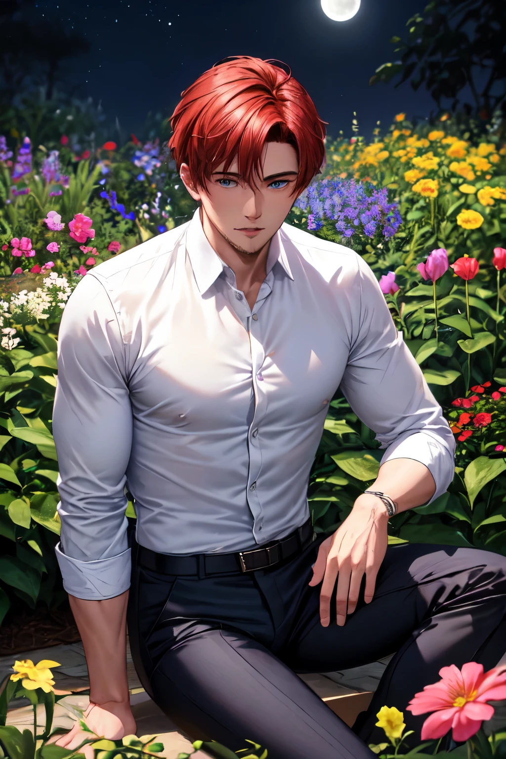 A handsome man with short red hair and blue eyes in Wear a white long-sleeved collared shirt with black trousers,Handsome man,The scar was cut on the mouth., muscle, Daddy ,Benign,Moon Watching at the Flower Garden at night, sitting on the ground 