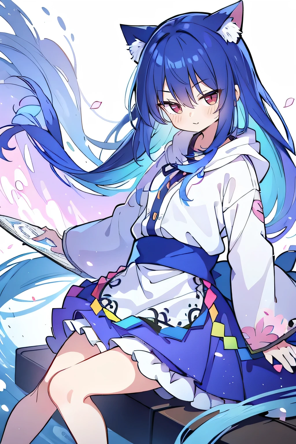 （masterpiece：1.2），Super detailed，lifelike，Expressive eyes，fair skin，perfect face shape，1 girl，
Japanese comics,Gorgeous blue hair,flowing blue hair,flowing clothes,Cat ears,Petals fall,beautiful lola,Baby Angel,sunrise,
Shaking head with one hand，Cross your legs，Gentle and peaceful background，The pavilion is cool and comfortable,smile, wearing hoodie, background of tokyo,back views,snowing, winter.
