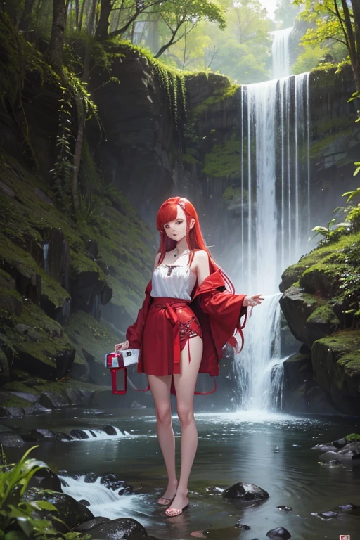 Pretty Young Redhead Woman Standing Surrounded by Streaming Waterfalls and Lush Ferns, elle rit joyeusement en humidifiant ses doigts pour discipliner ses ondulations rubicondes, Prenez-la en photo avec un Fujifilm GFX 50S muni d'un objectif GF 110mm f/2 R LM WR, stylizing your approach with reference to Man Ray