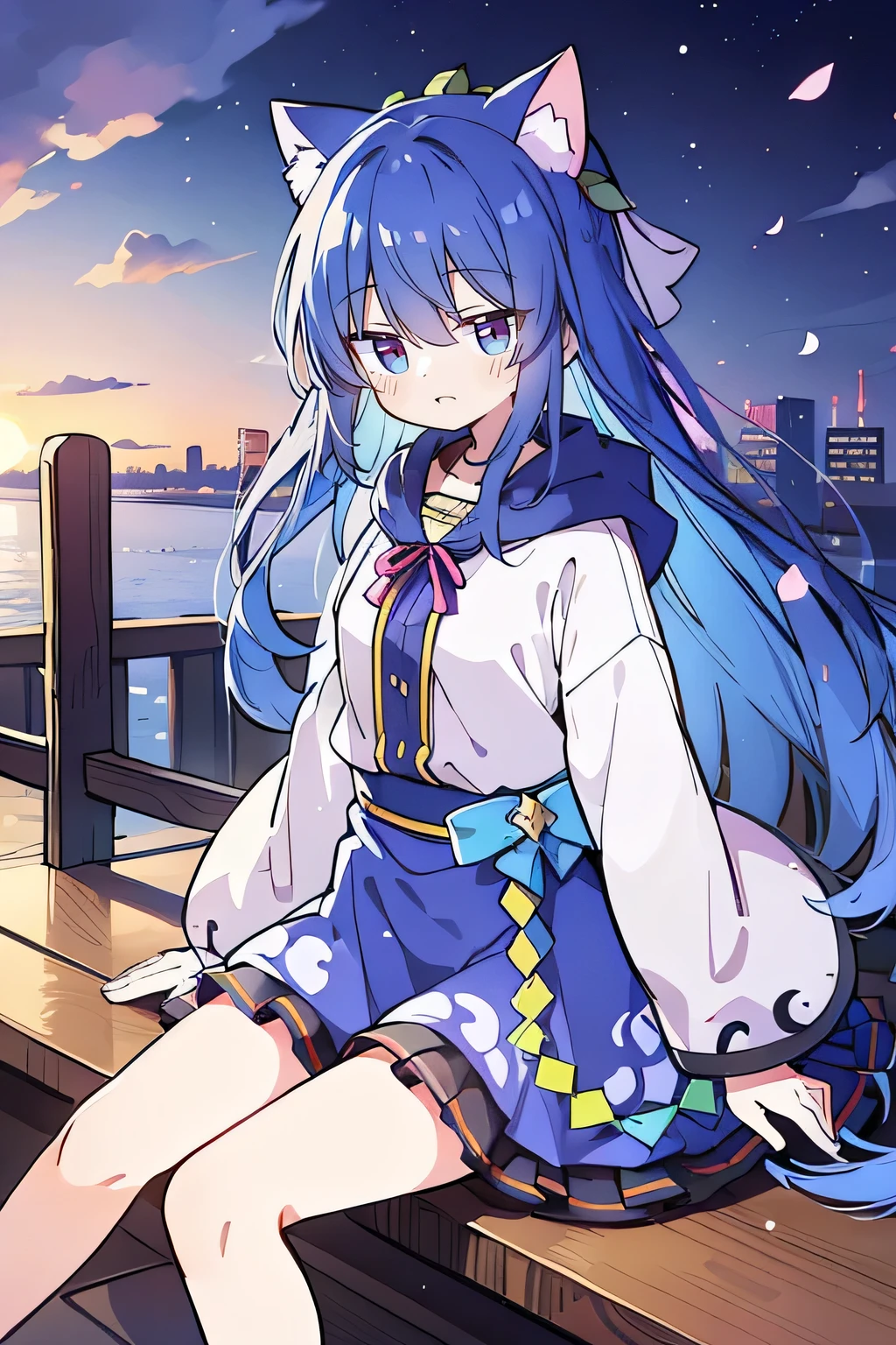 (masterpiece:1.2),Super detailed,lifelike,Expressive eyes,fair skin,perfect face shape,1 girl,
Japanese comics,Gorgeous blue hair,flowing blue hair,flowing clothes,Cat ears,Petals fall,beautiful lola,Baby Angel,sunrise,
Shaking head with one hand,Cross your legs,Gentle and peaceful background,The pavilion is cool and comfortable,smile, wearing hoodie, background of tokyo,back views,snowing, winter.